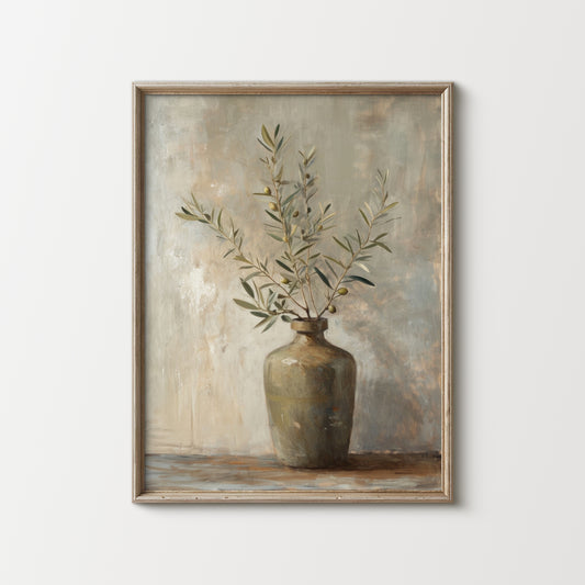 Framed painting of a vase with olive branches on a textured background