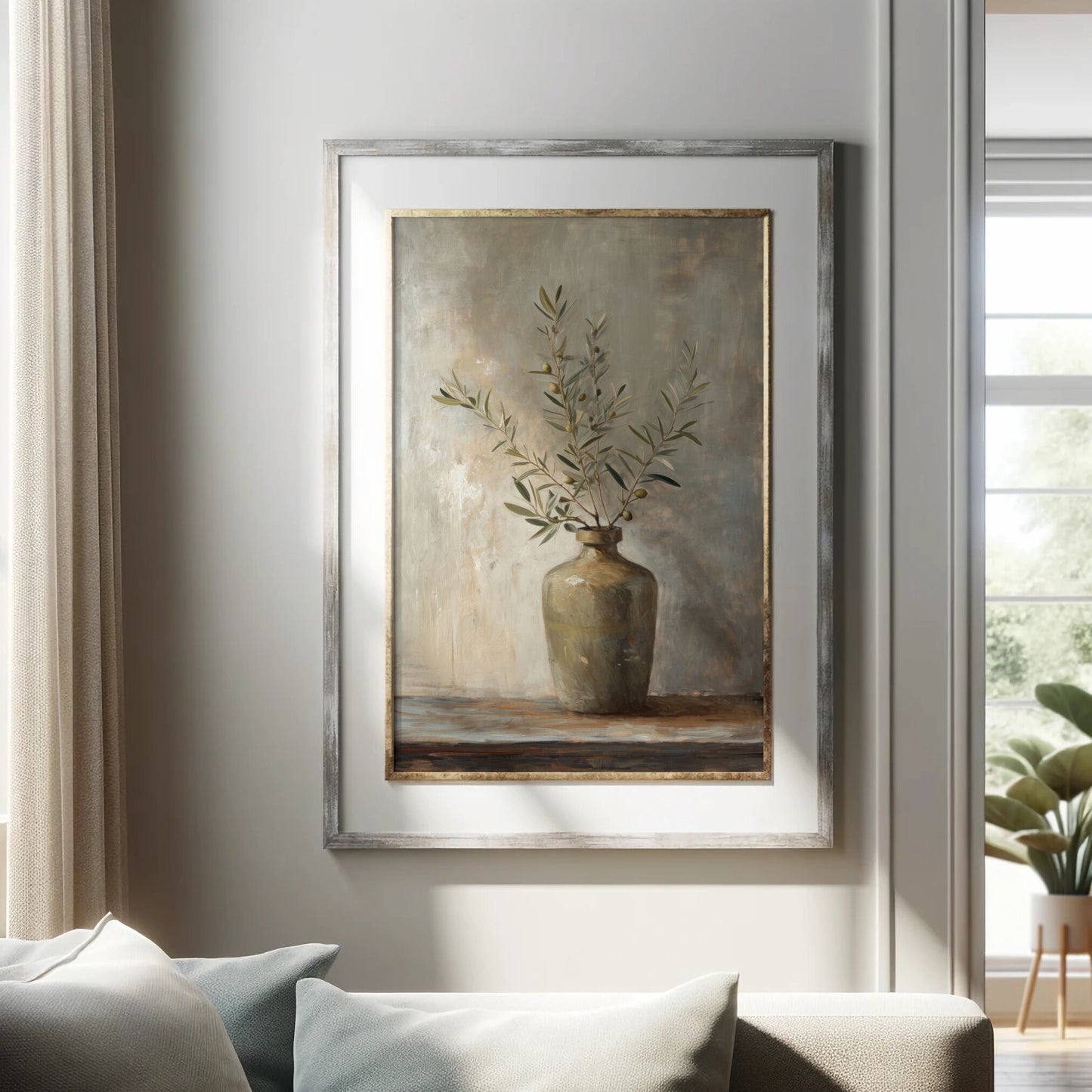 Framed painting of a vase with branches on a wall in a living room.