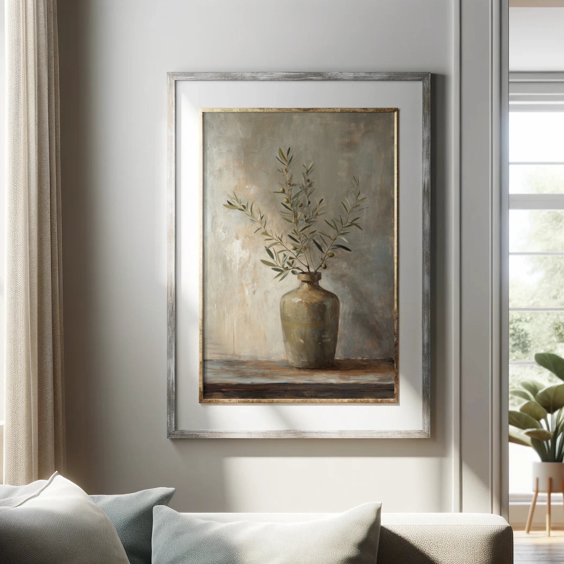 Framed painting of a vase with branches on a wall in a living room.