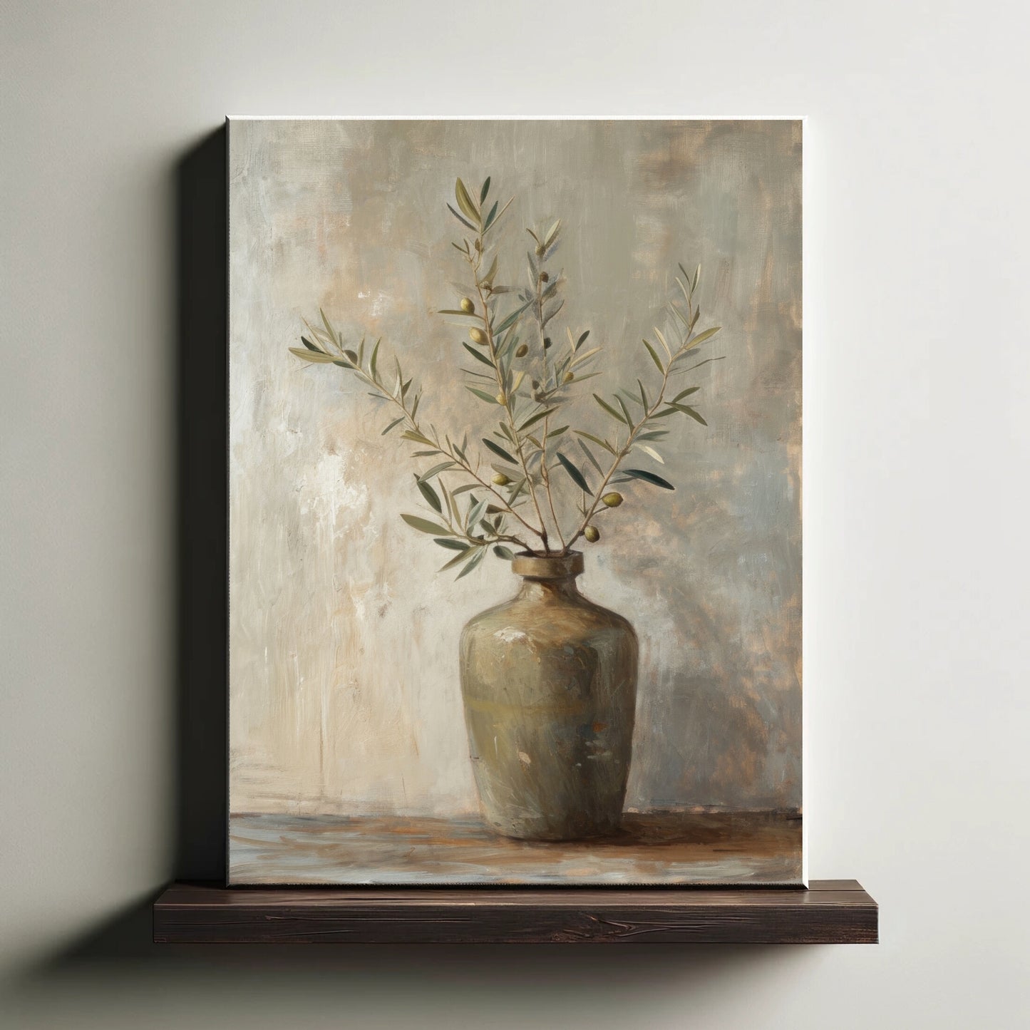 Painting of a vase with olive branches on a textured background