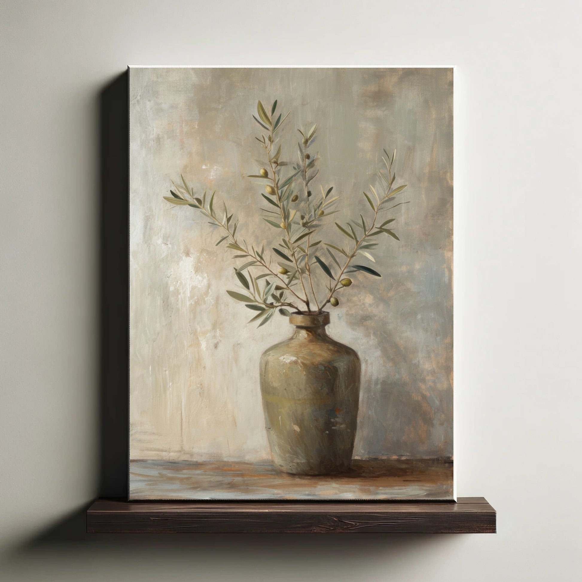 Painting of a vase with olive branches on a textured background