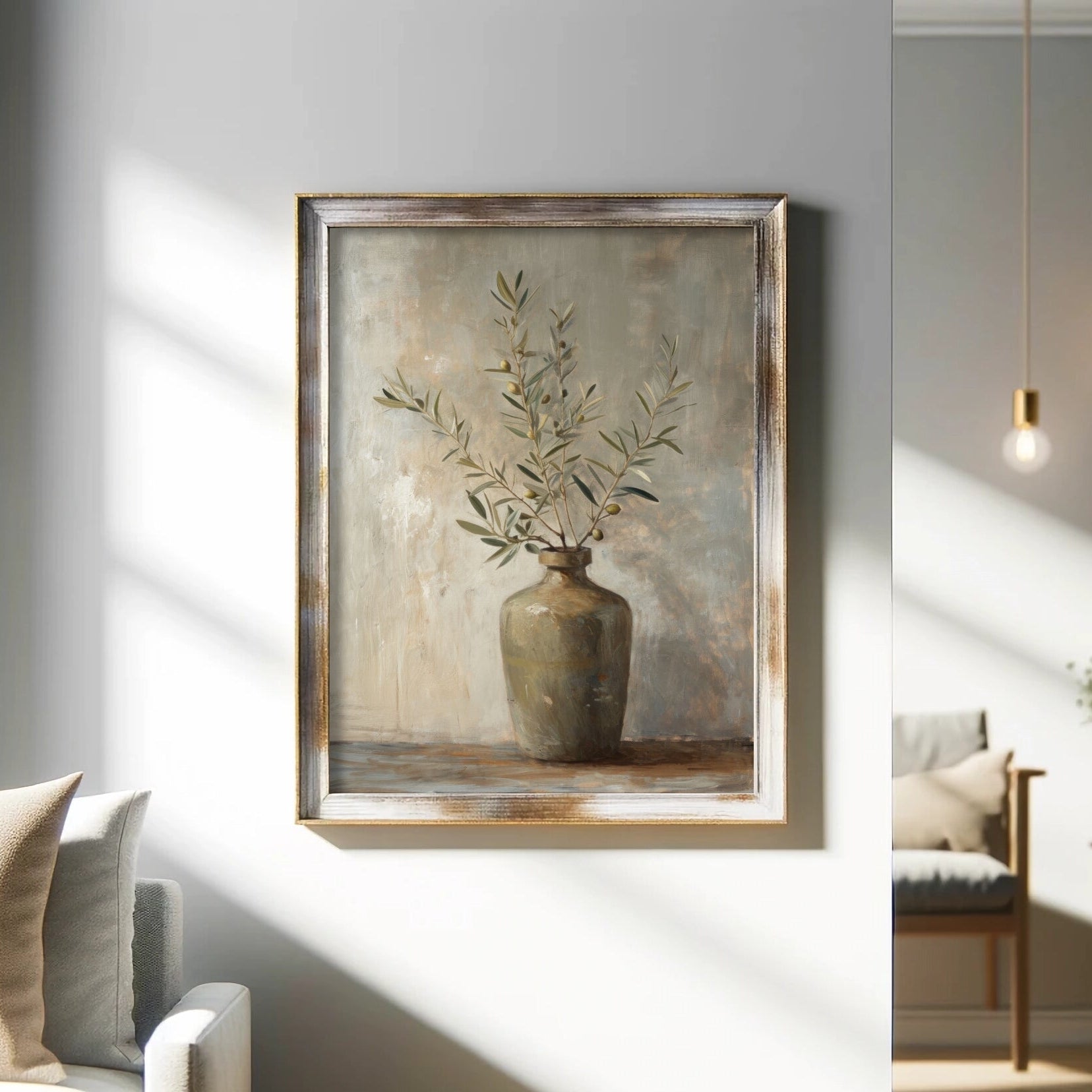 Framed artwork of a vase with branches on a wall in a living room.