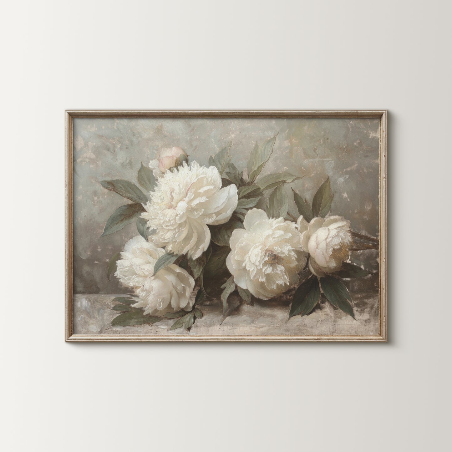 Framed artwork of white flowers on a light gray background