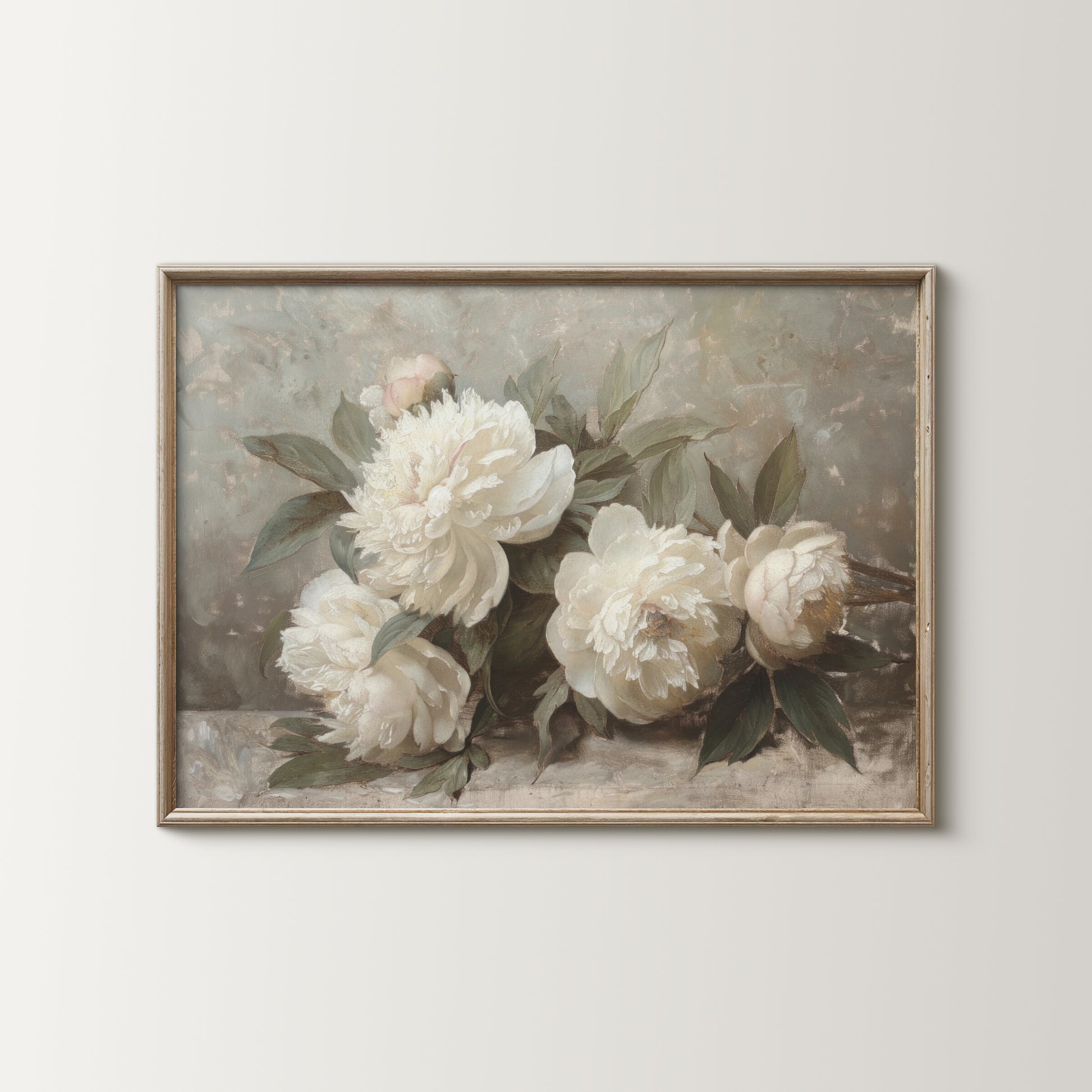 Framed artwork of white flowers on a light gray background