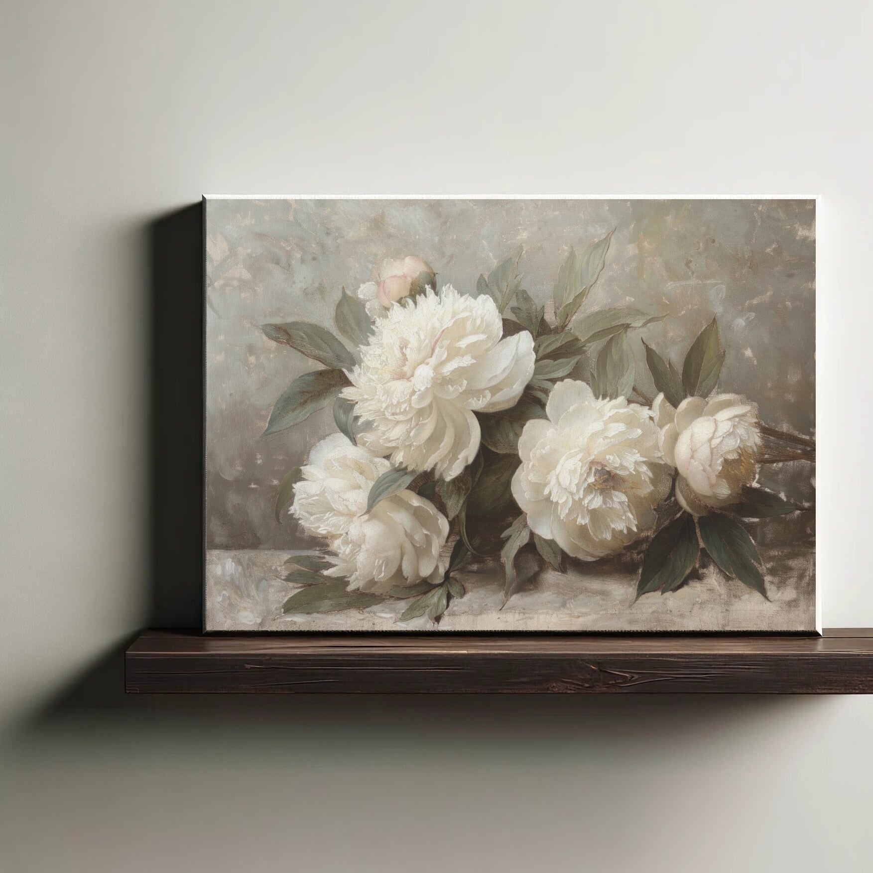 Floral painting on a wooden shelf against a plain wall