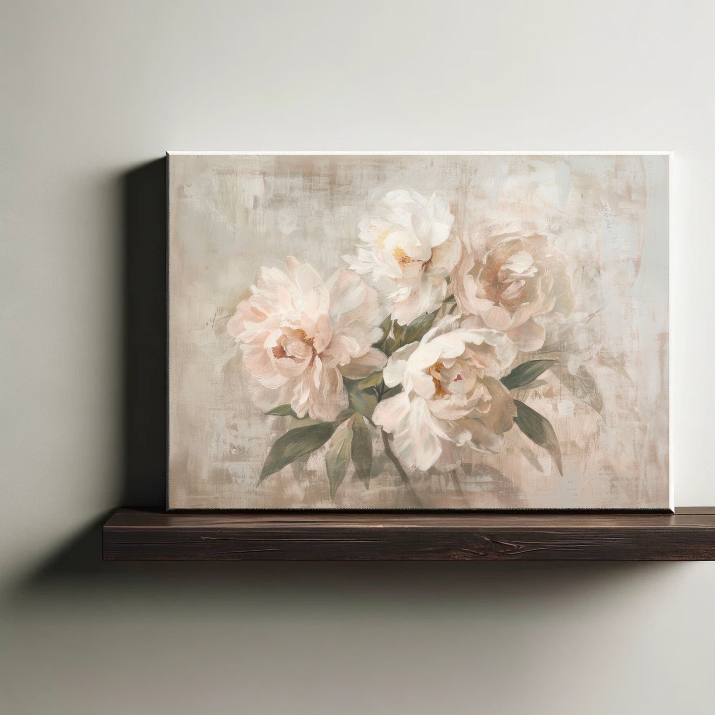 Floral painting on a wooden shelf against a light wall
