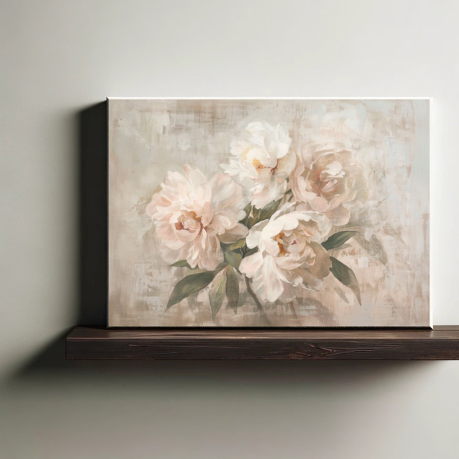Floral painting on a wooden shelf against a light wall