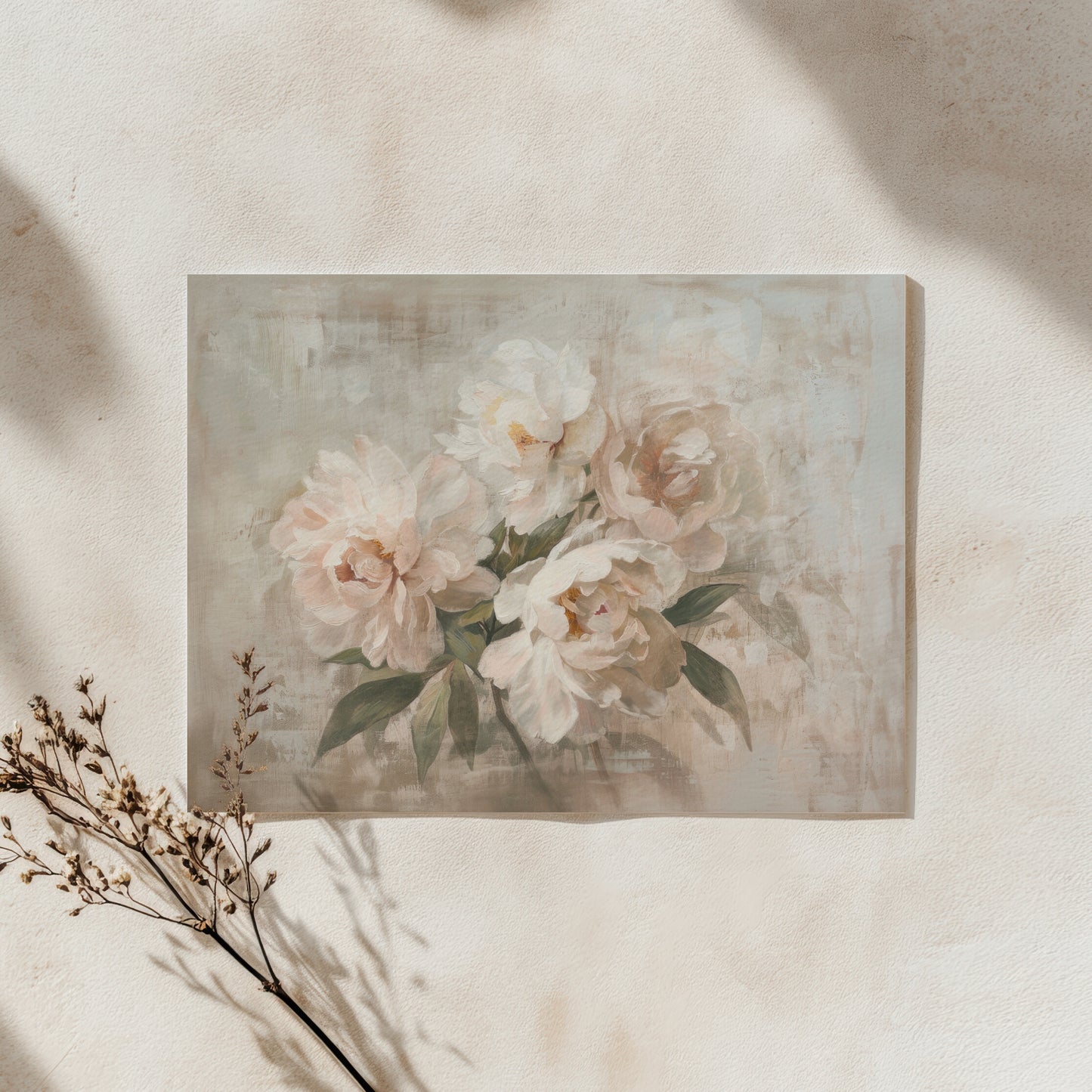 Floral painting on a textured wall with a natural light background
