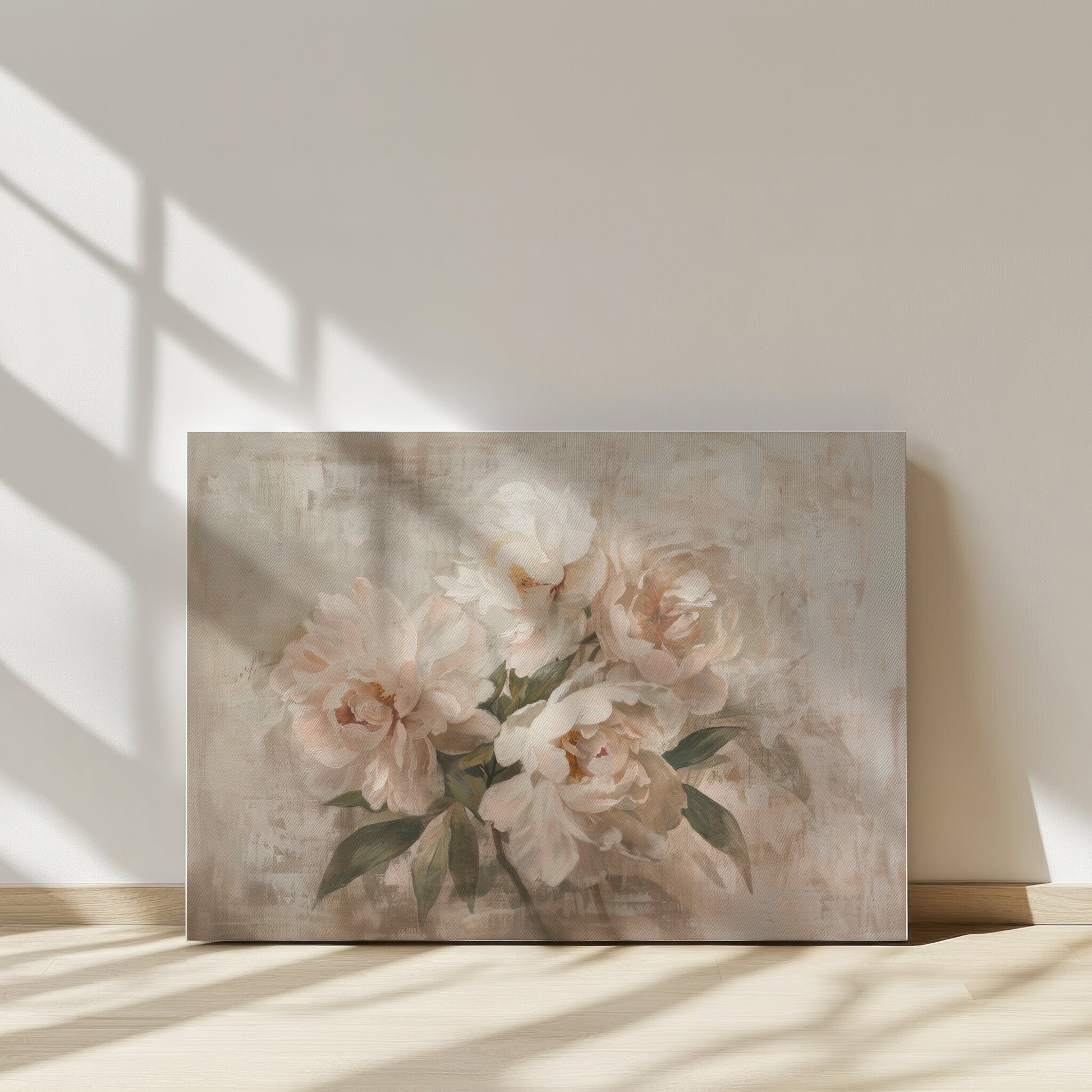 Floral painting on a wall with sunlight casting shadows