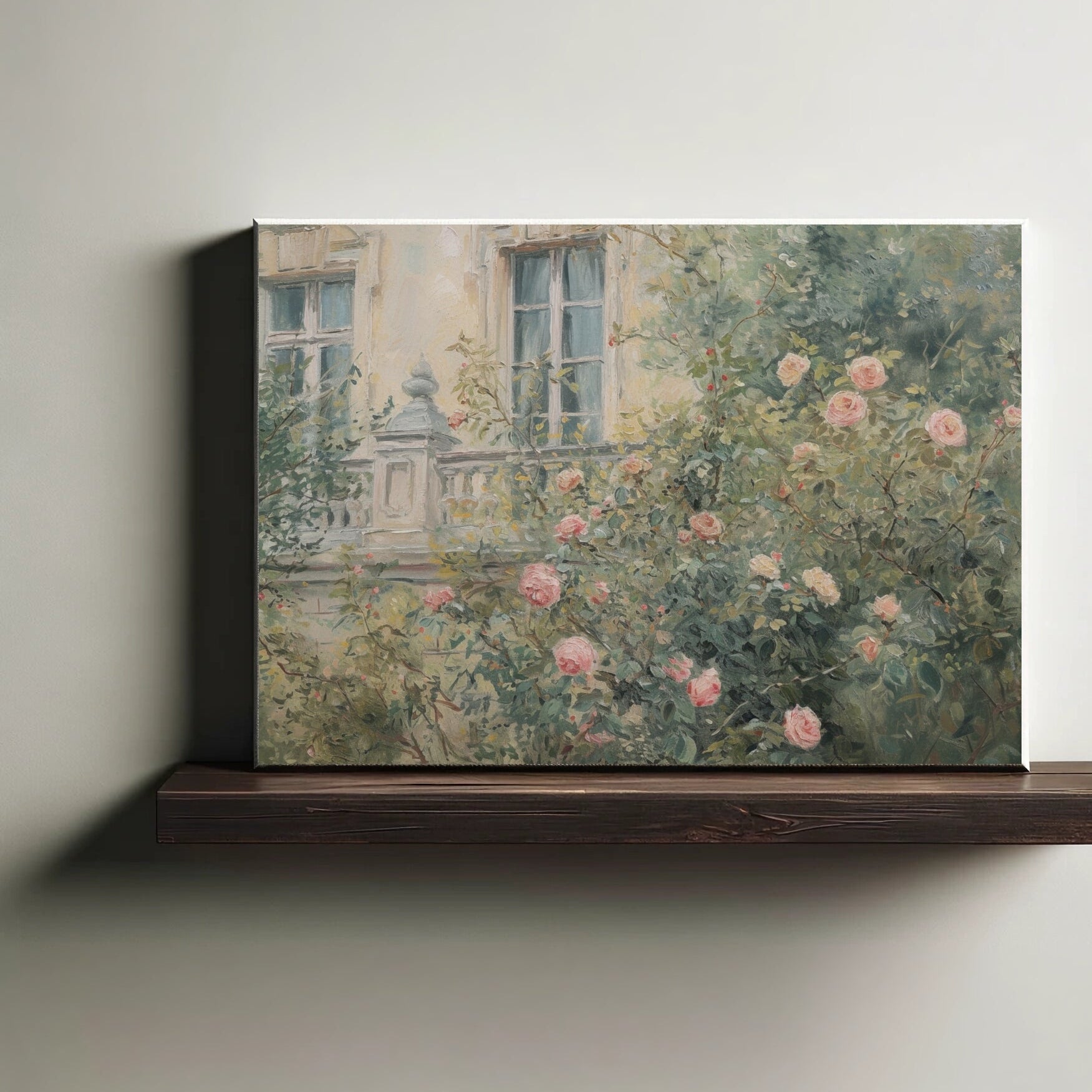 Canvas print of a garden scene with flowers on a wooden shelf against a plain wall.