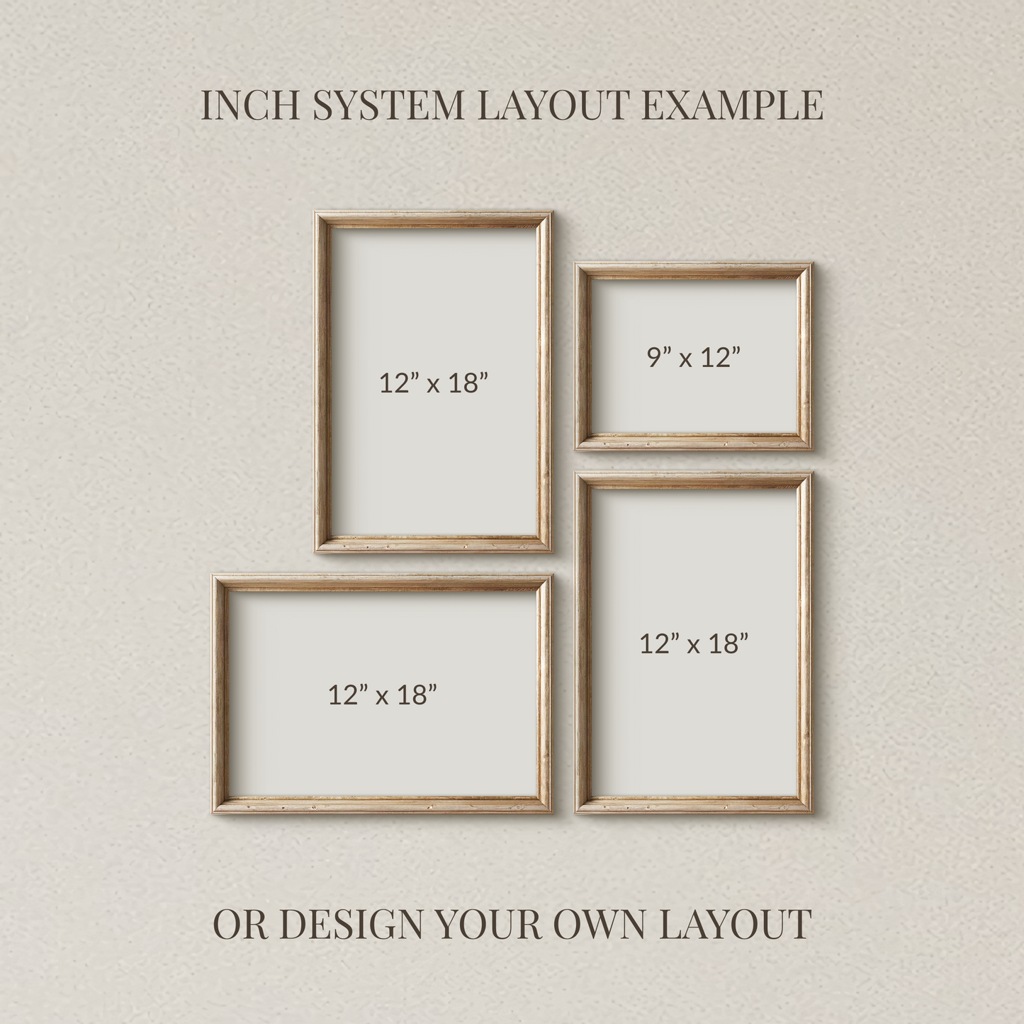 Three wooden picture frames with dimensions on a beige wall background