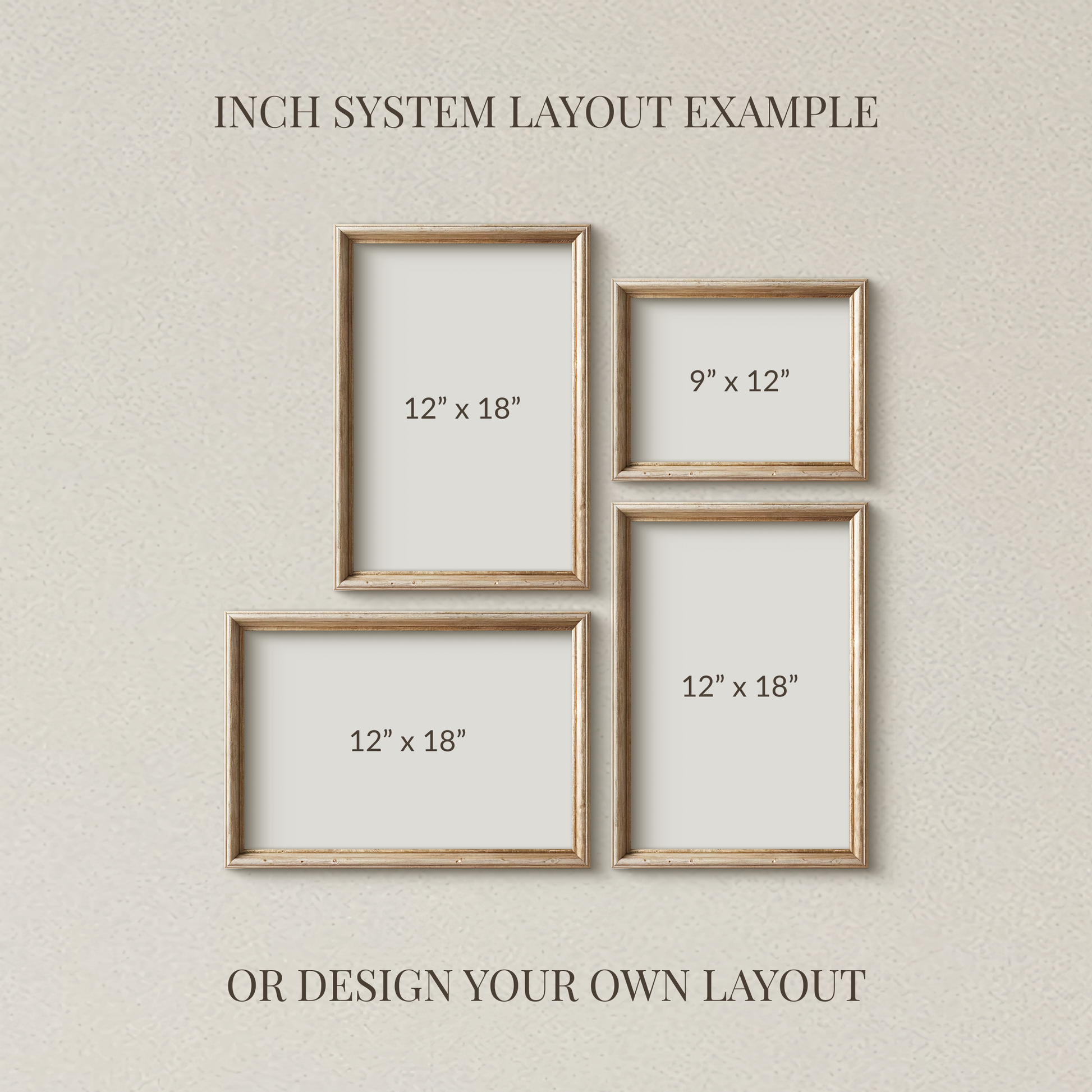 Three wooden picture frames with dimensions on a beige wall background