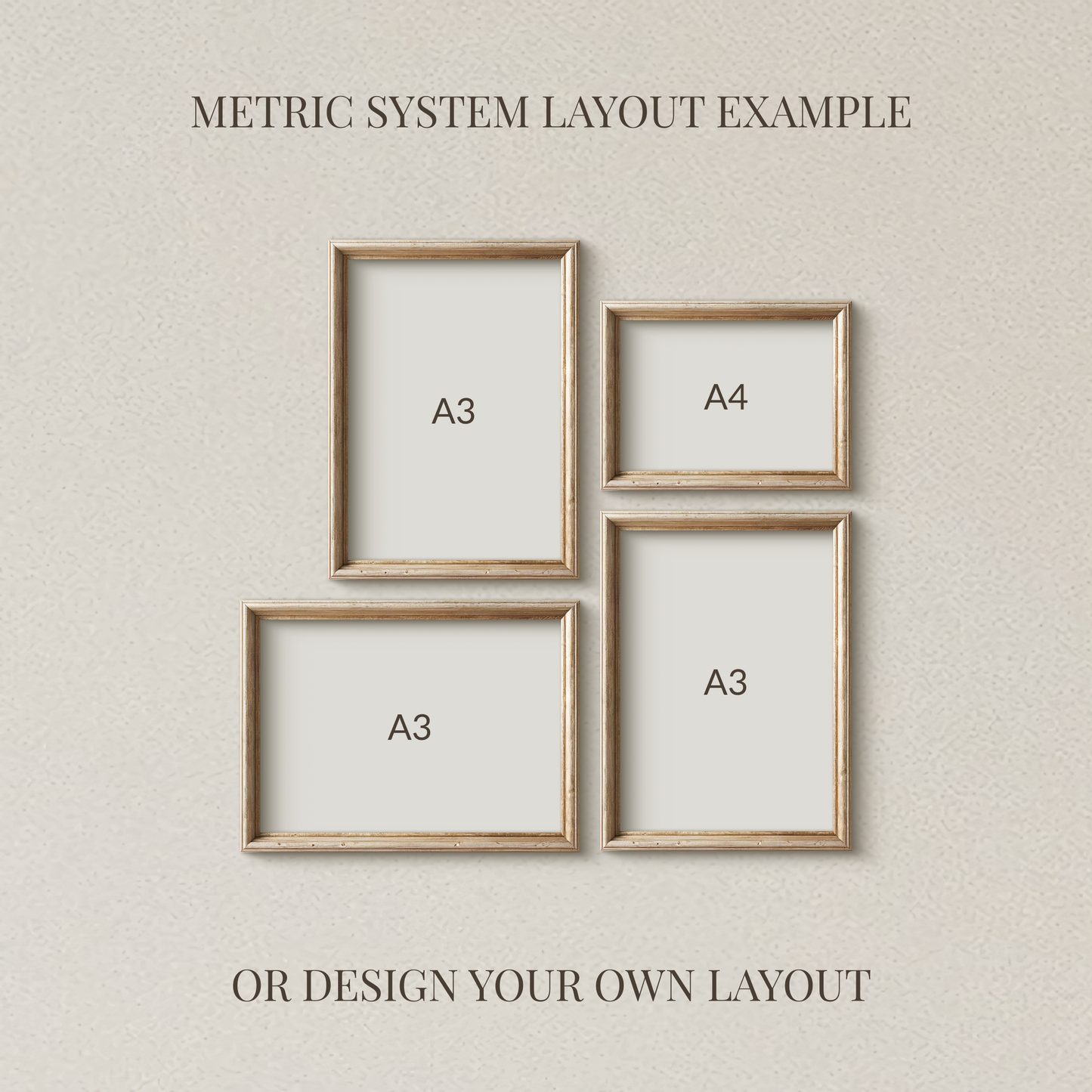 Four wooden picture frames with labels A3 and A4 on a beige wall.