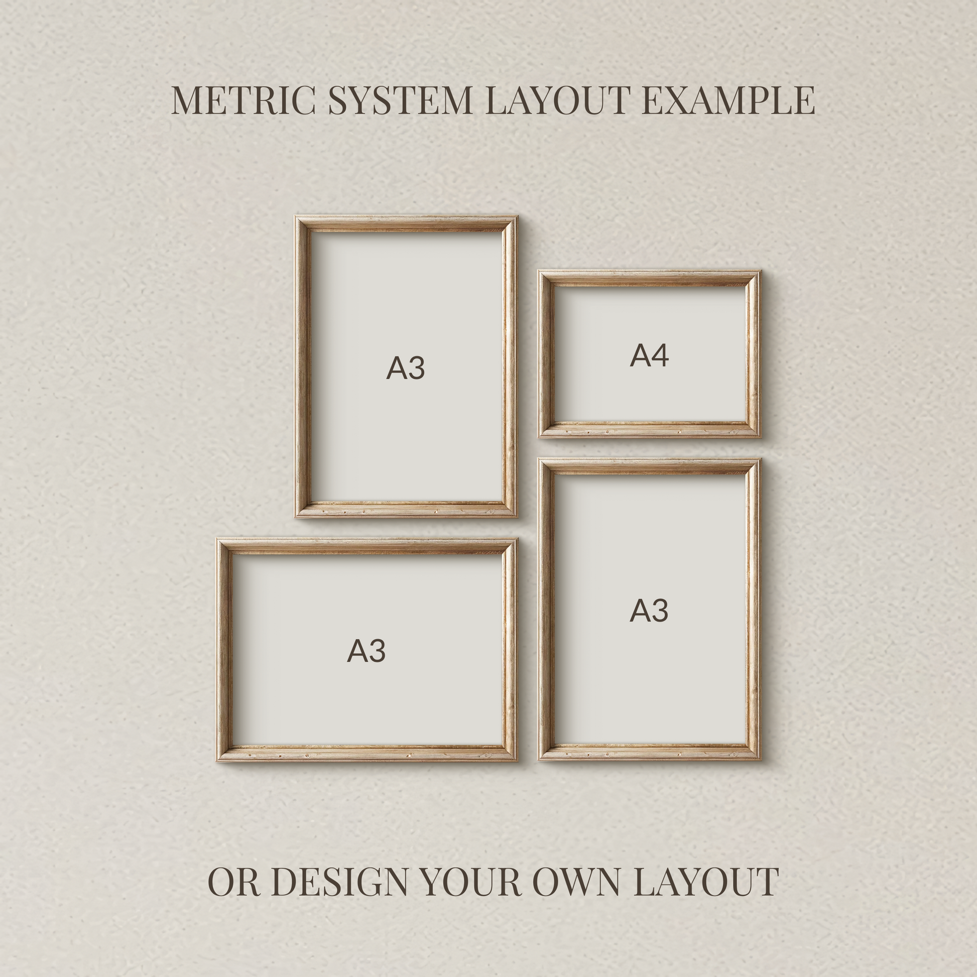 Four wooden picture frames with labels A3 and A4 on a beige wall.