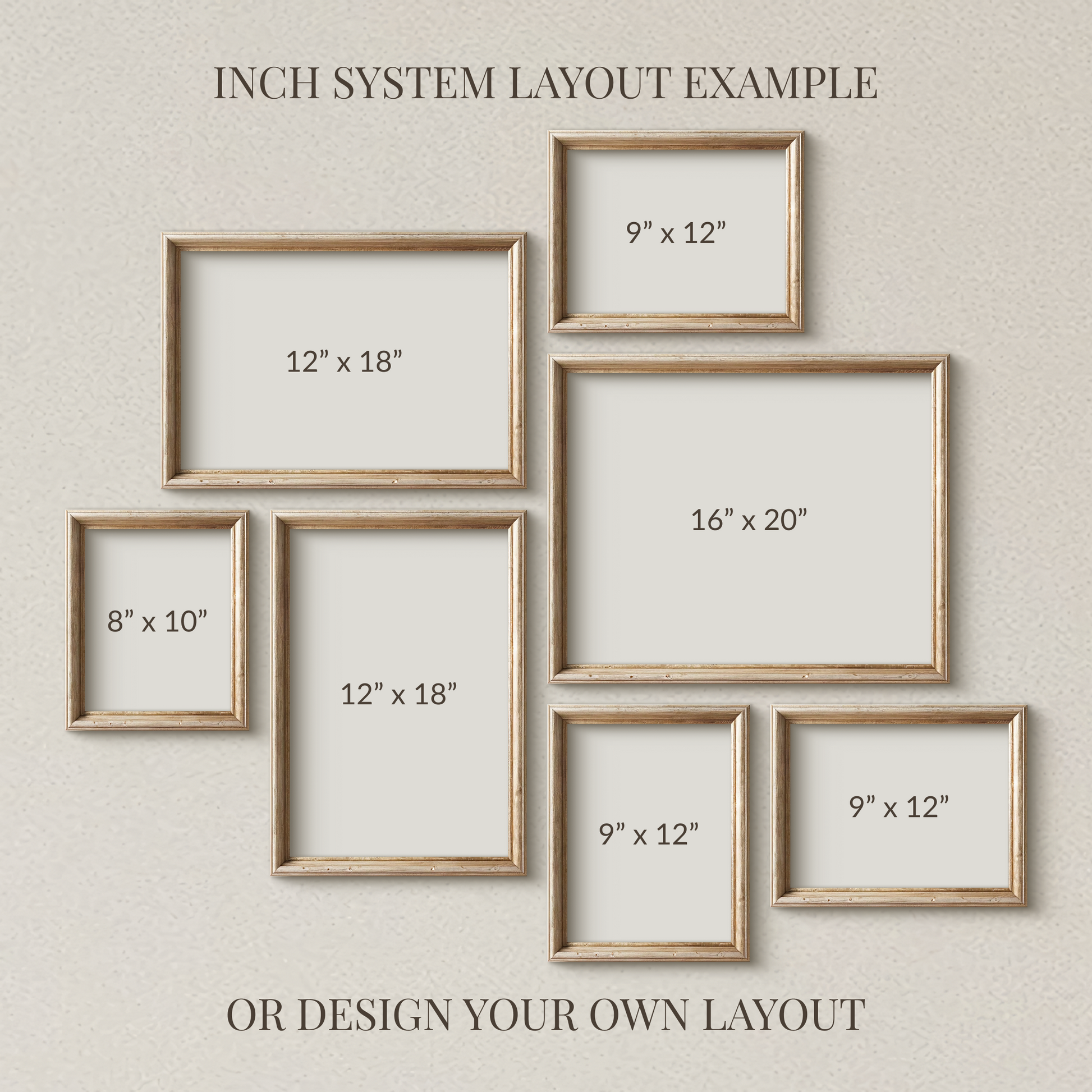 Example of a wall with wooden picture frames of different sizes on a neutral background.