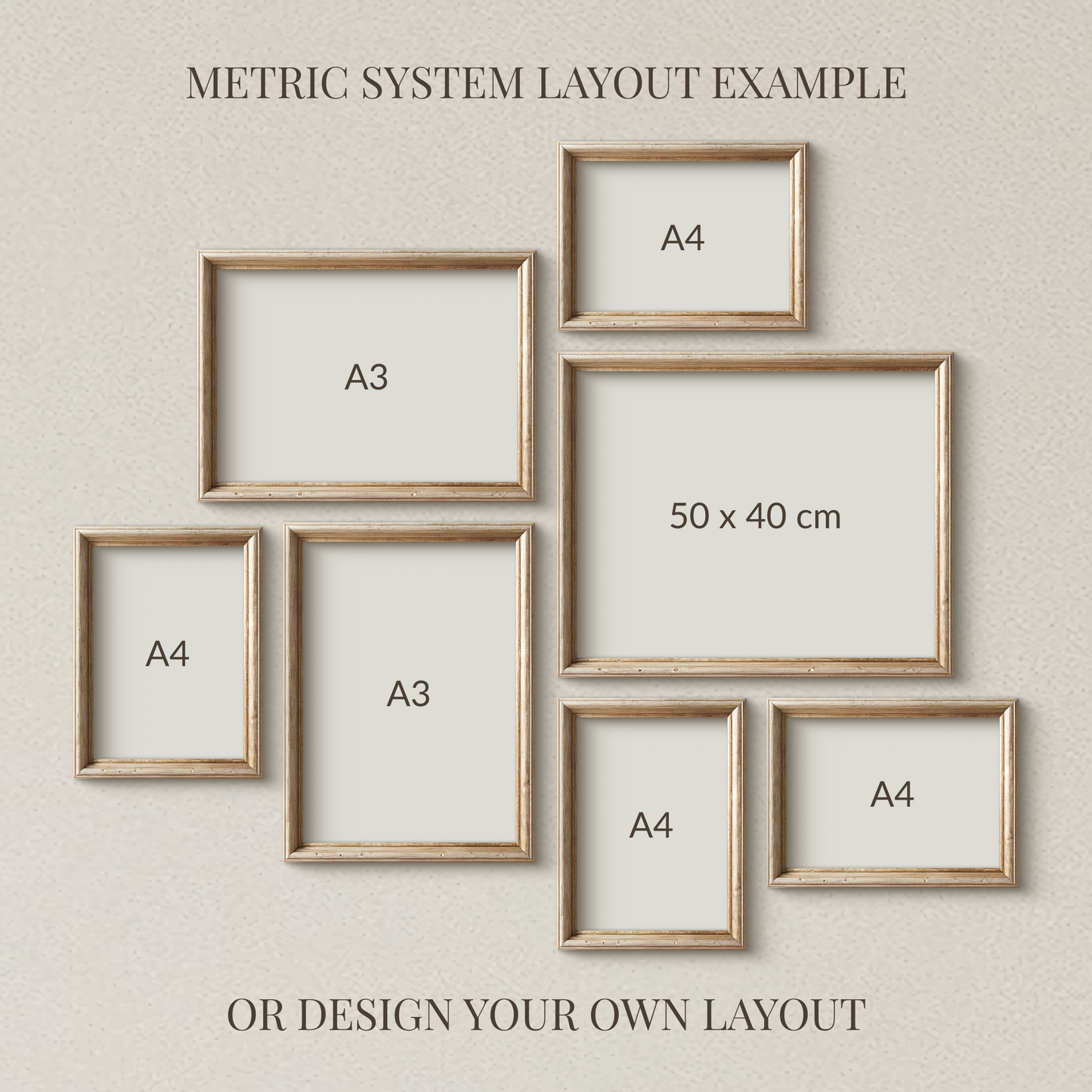 Set of wooden picture frames with metric dimensions on a beige wall.