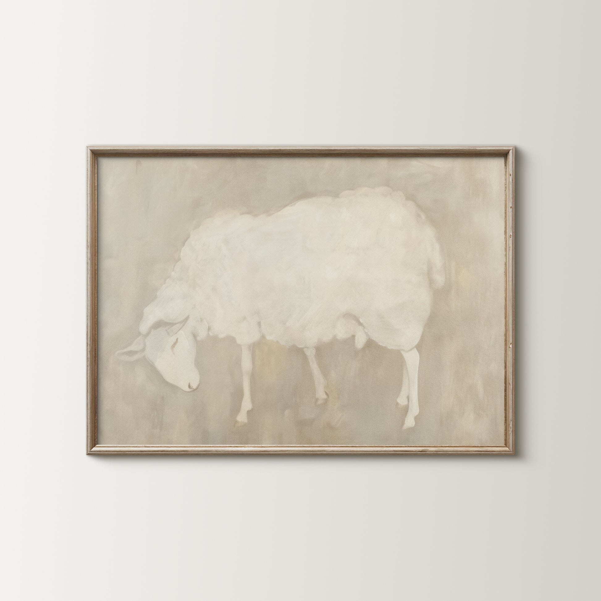 Framed artwork of a sheep on a plain wall