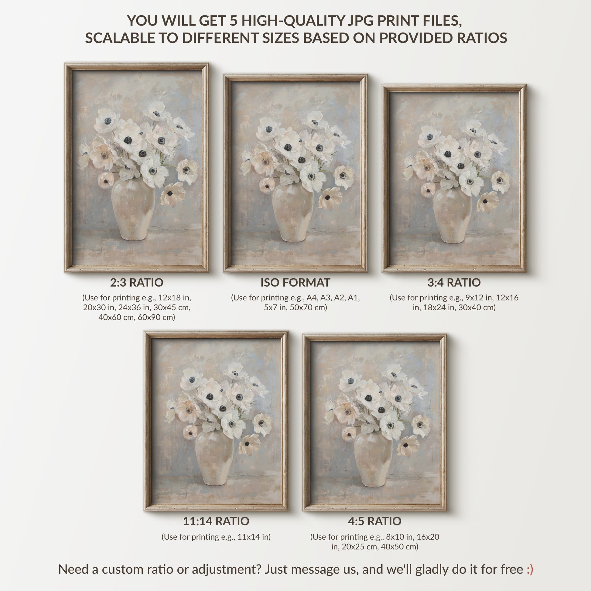 Set of five framed floral prints with different aspect ratios on a white background.