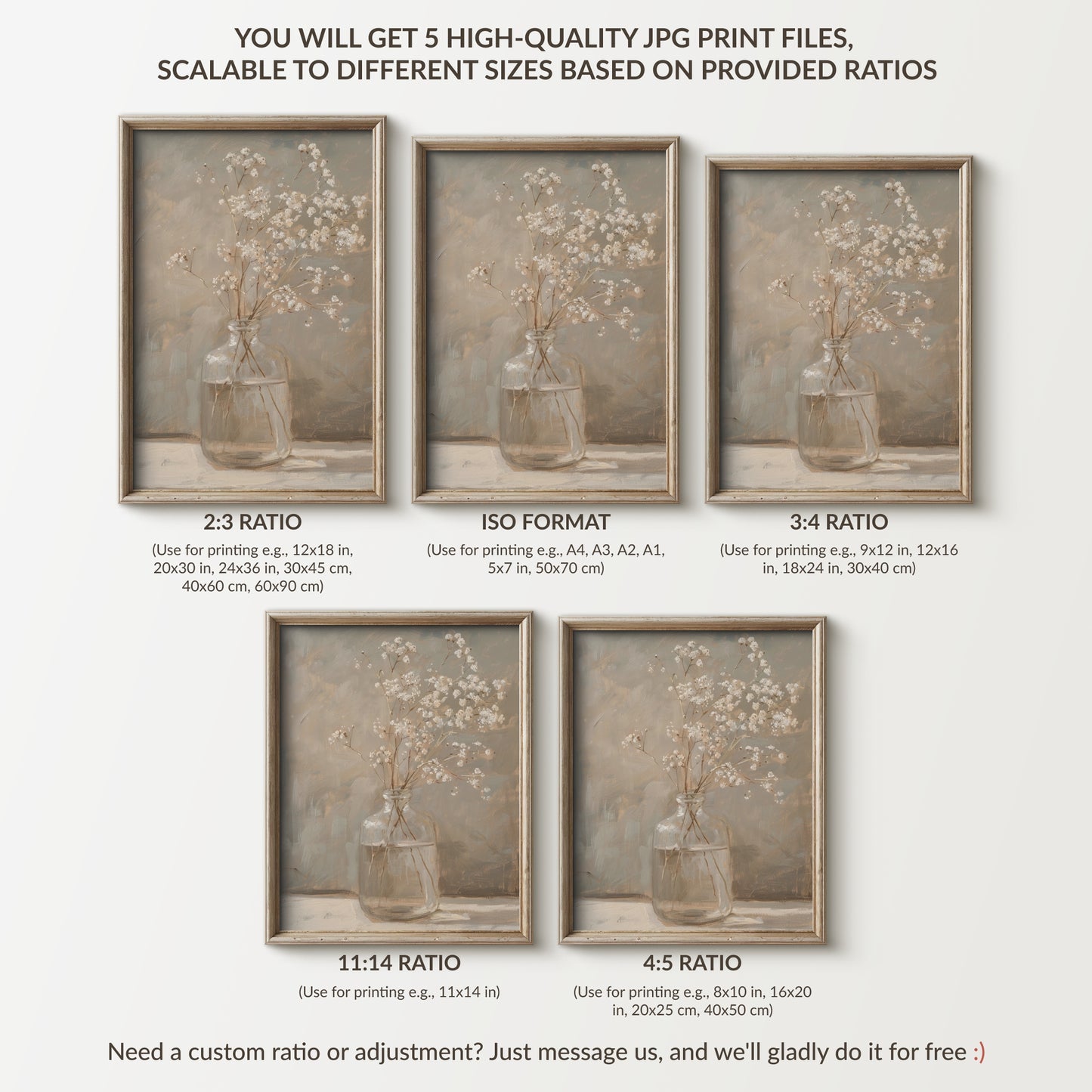 Set of five framed prints with floral arrangements on a white background