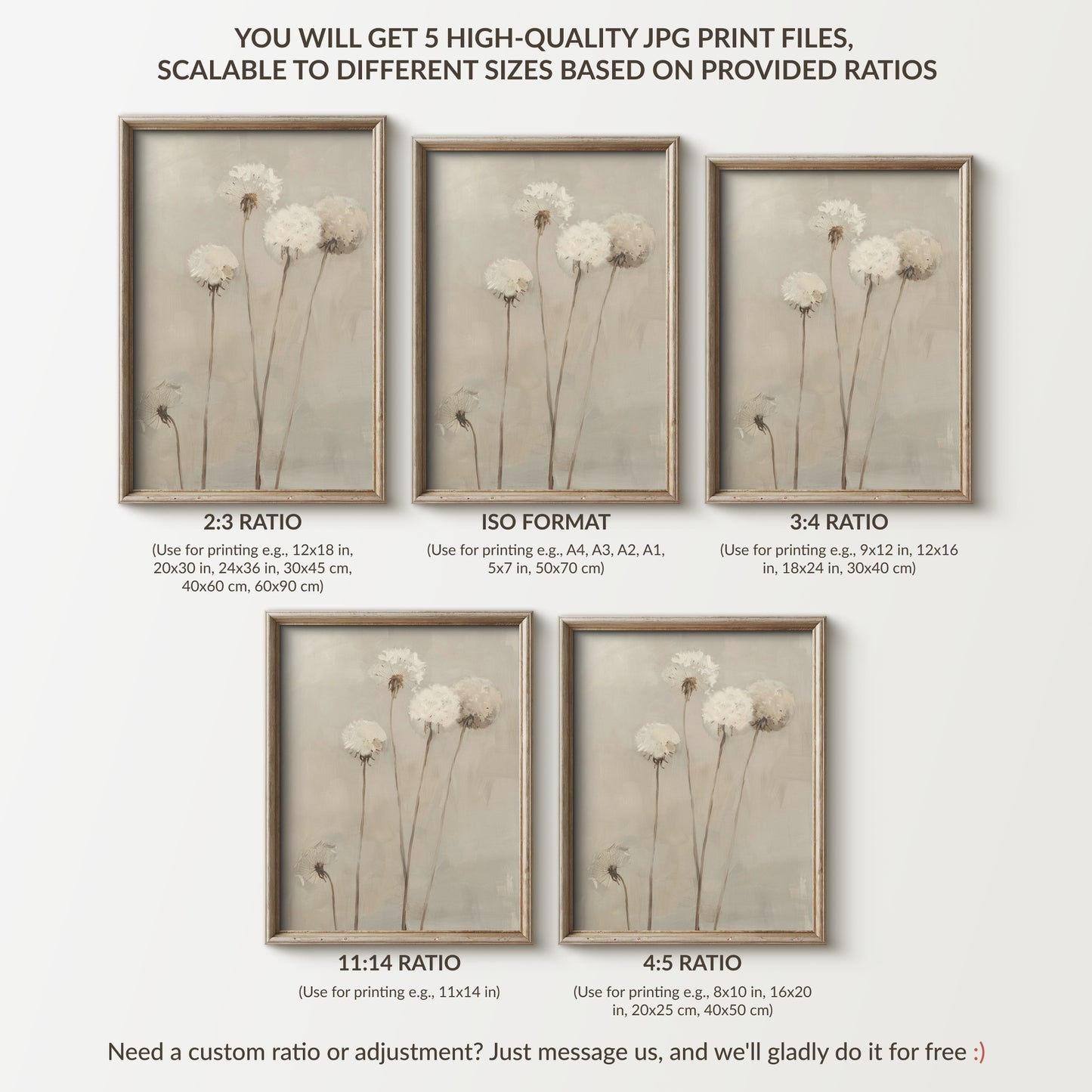 Set of five framed floral prints with different aspect ratios on a white background.