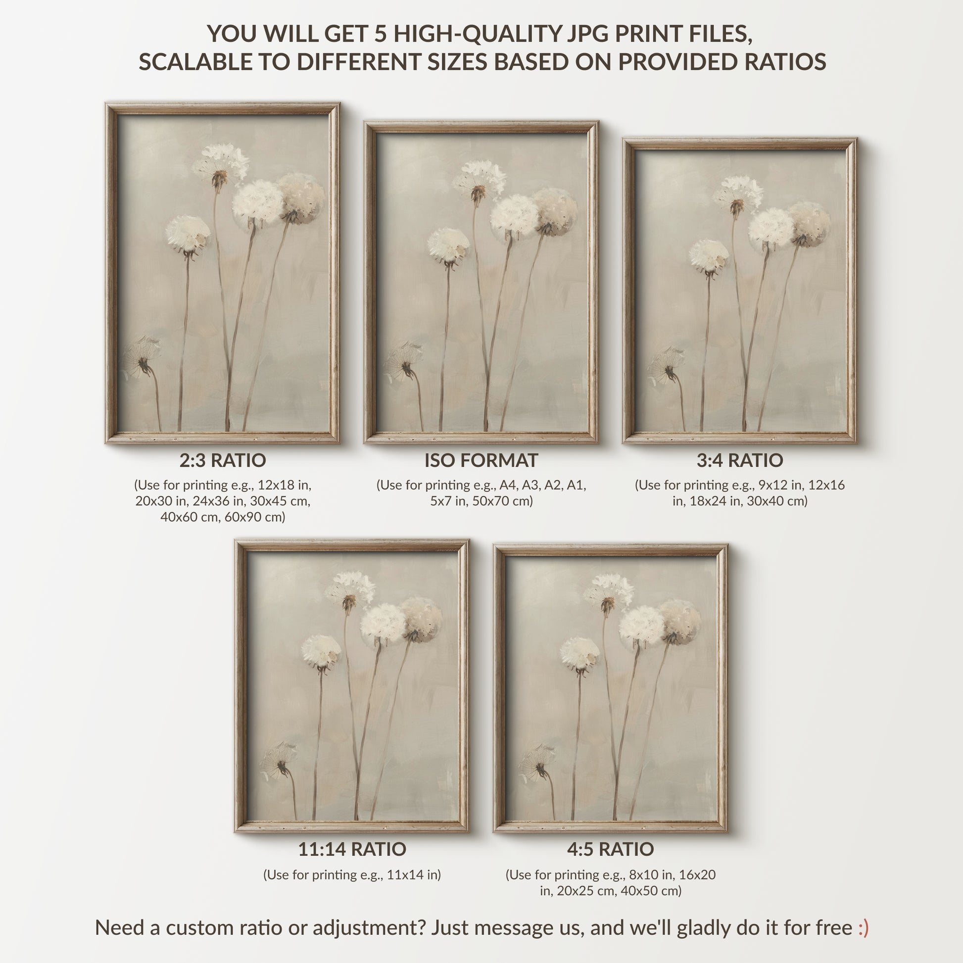 Set of five framed floral prints with different aspect ratios on a white background.