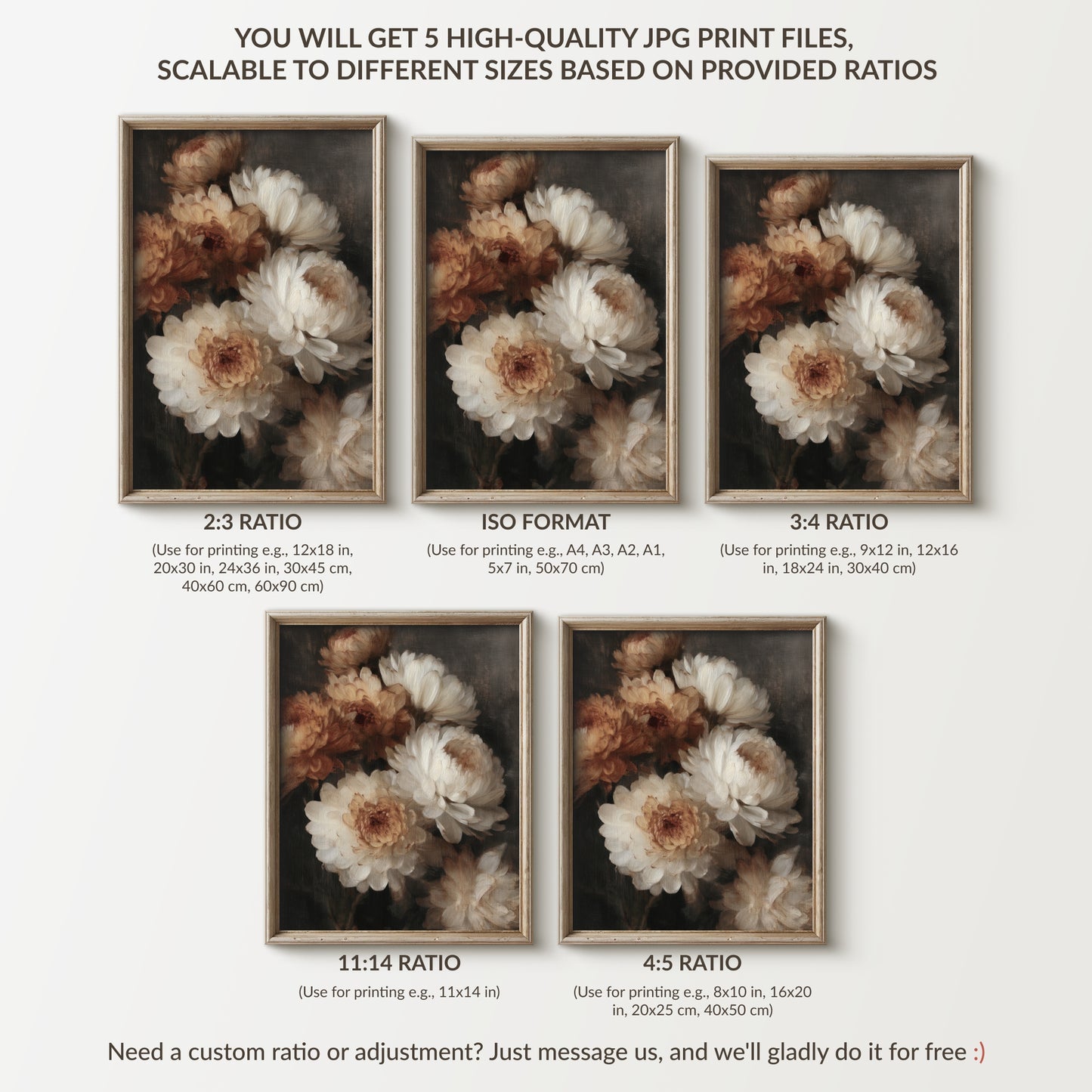 Floral print with various aspect ratios on a white background