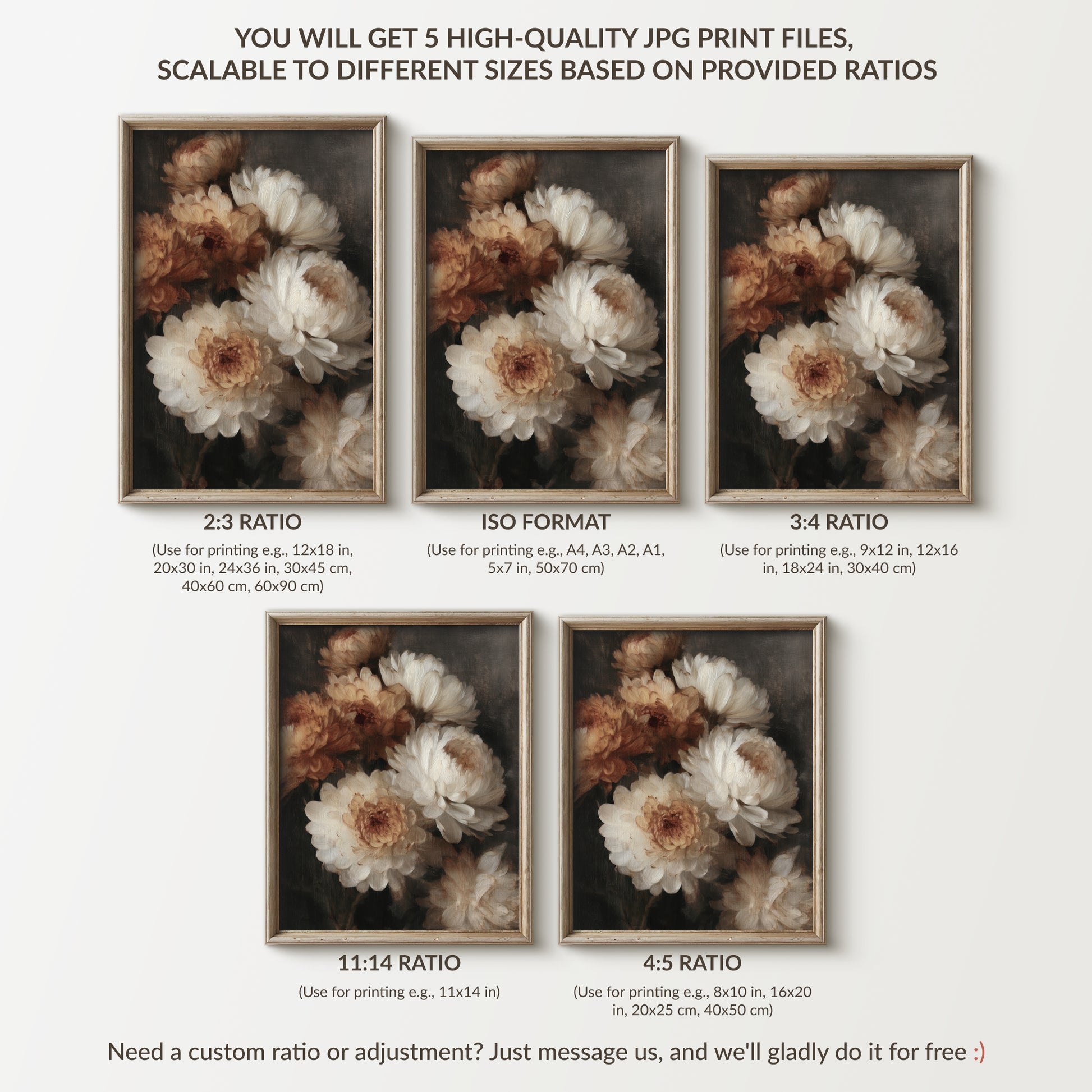 Floral print with various aspect ratios on a white background