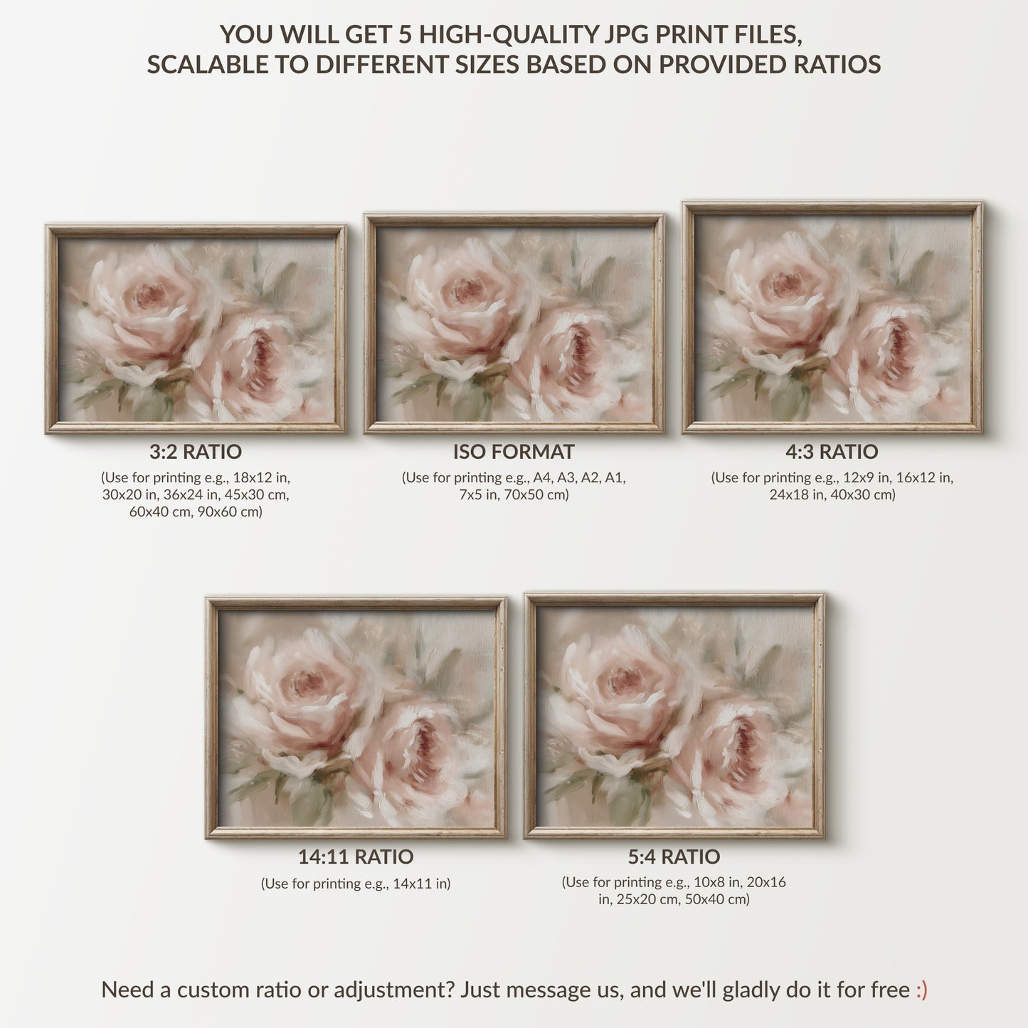 Framed floral prints with different aspect ratios on a white background