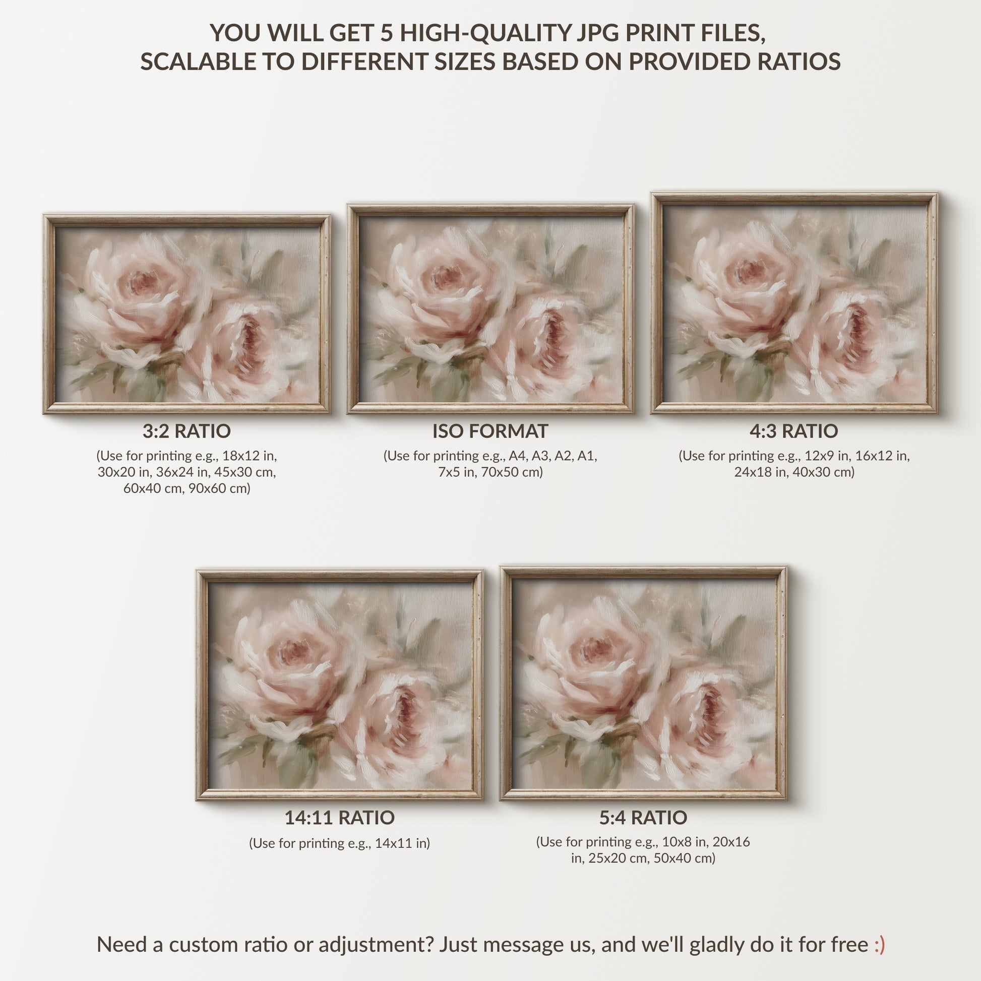 Framed floral prints with different aspect ratios on a white background