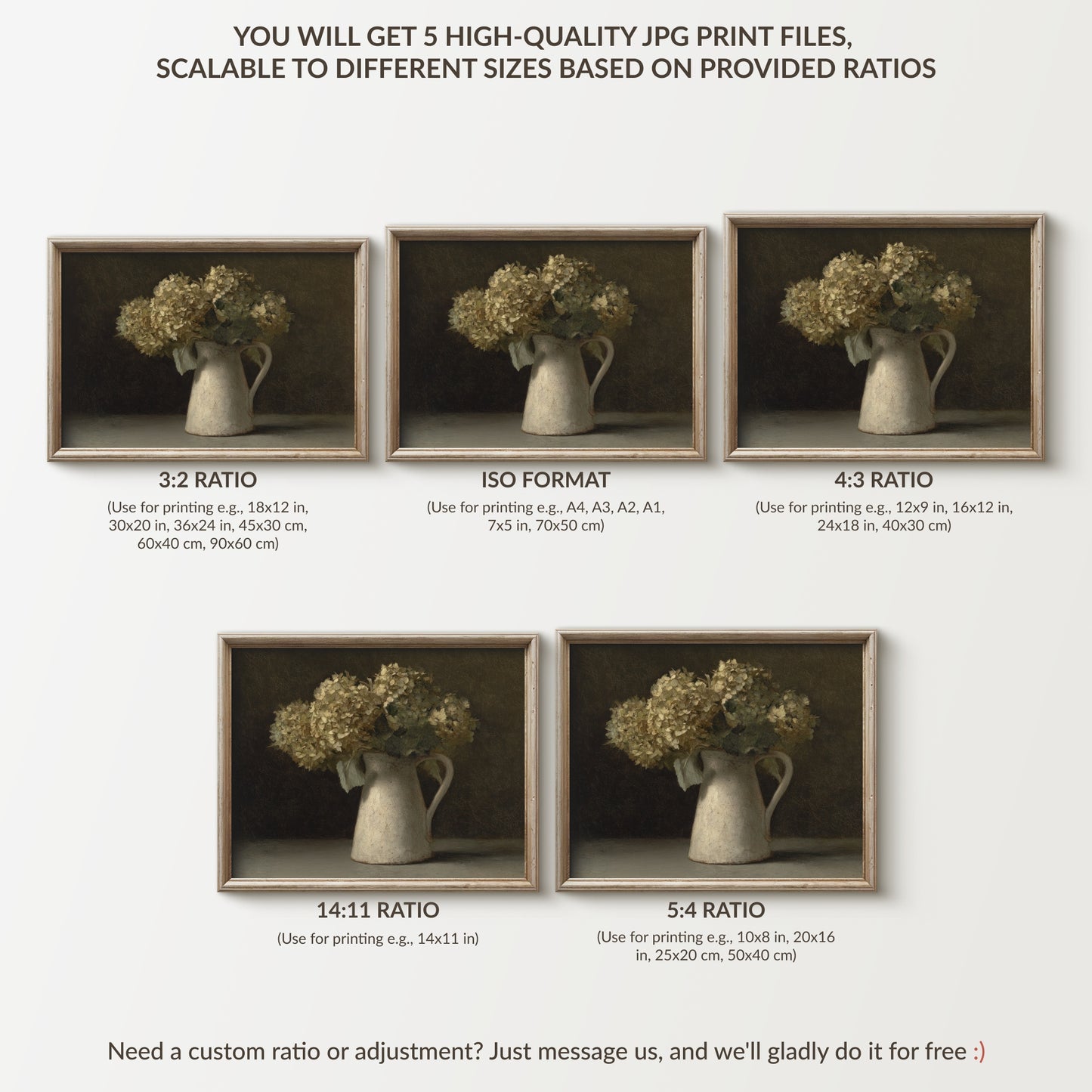 Framed prints of a vase with flowers displayed in different aspect ratios on a white background.