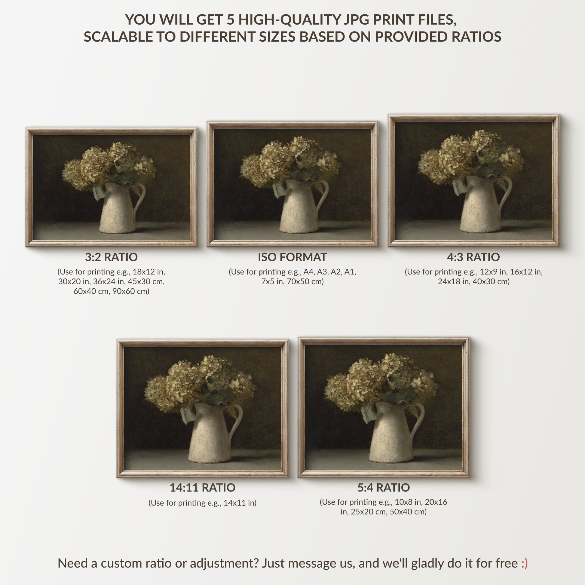 Framed prints of a vase with flowers displayed in different aspect ratios on a white background.