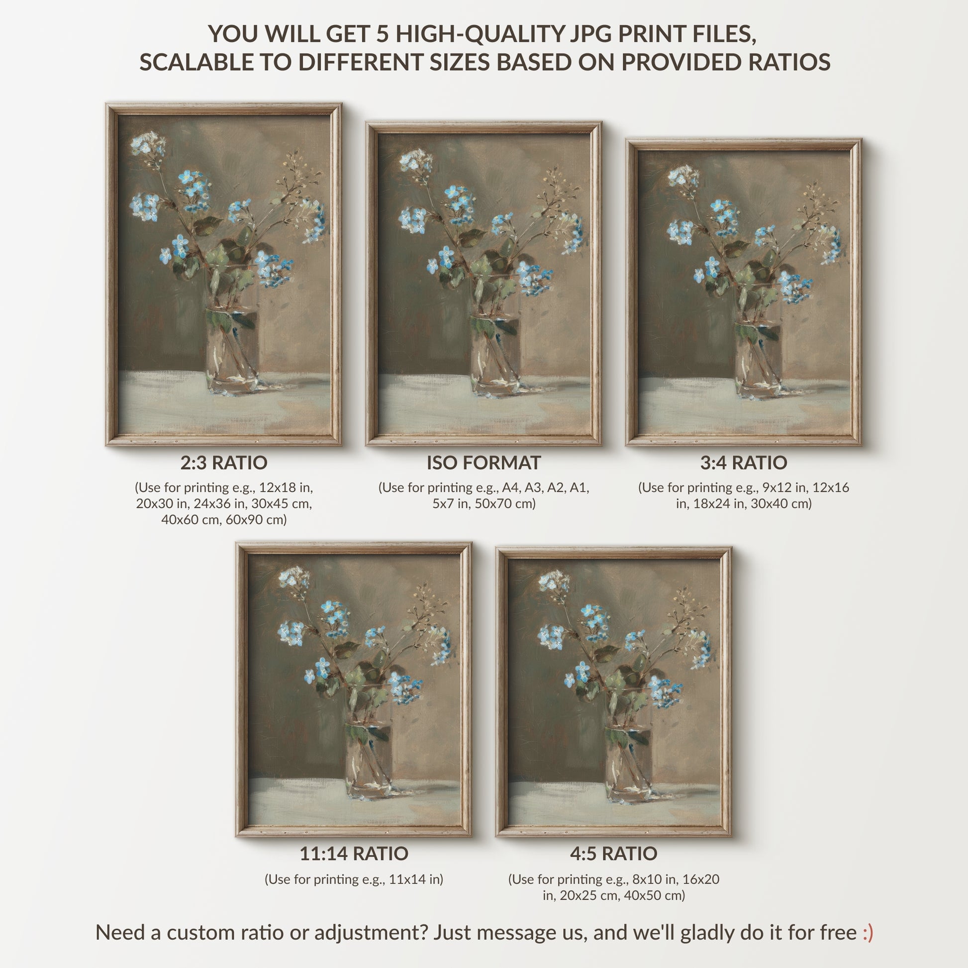 Set of five framed floral prints with different aspect ratios on a white background.