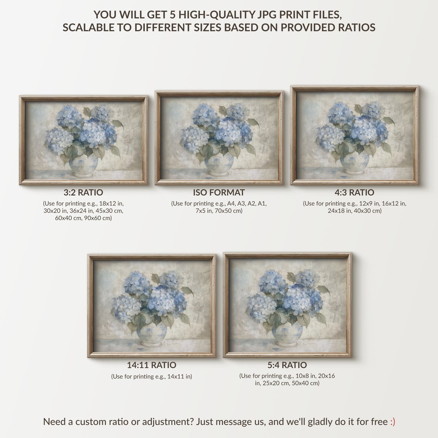 Framed floral prints with different aspect ratios on a white background
