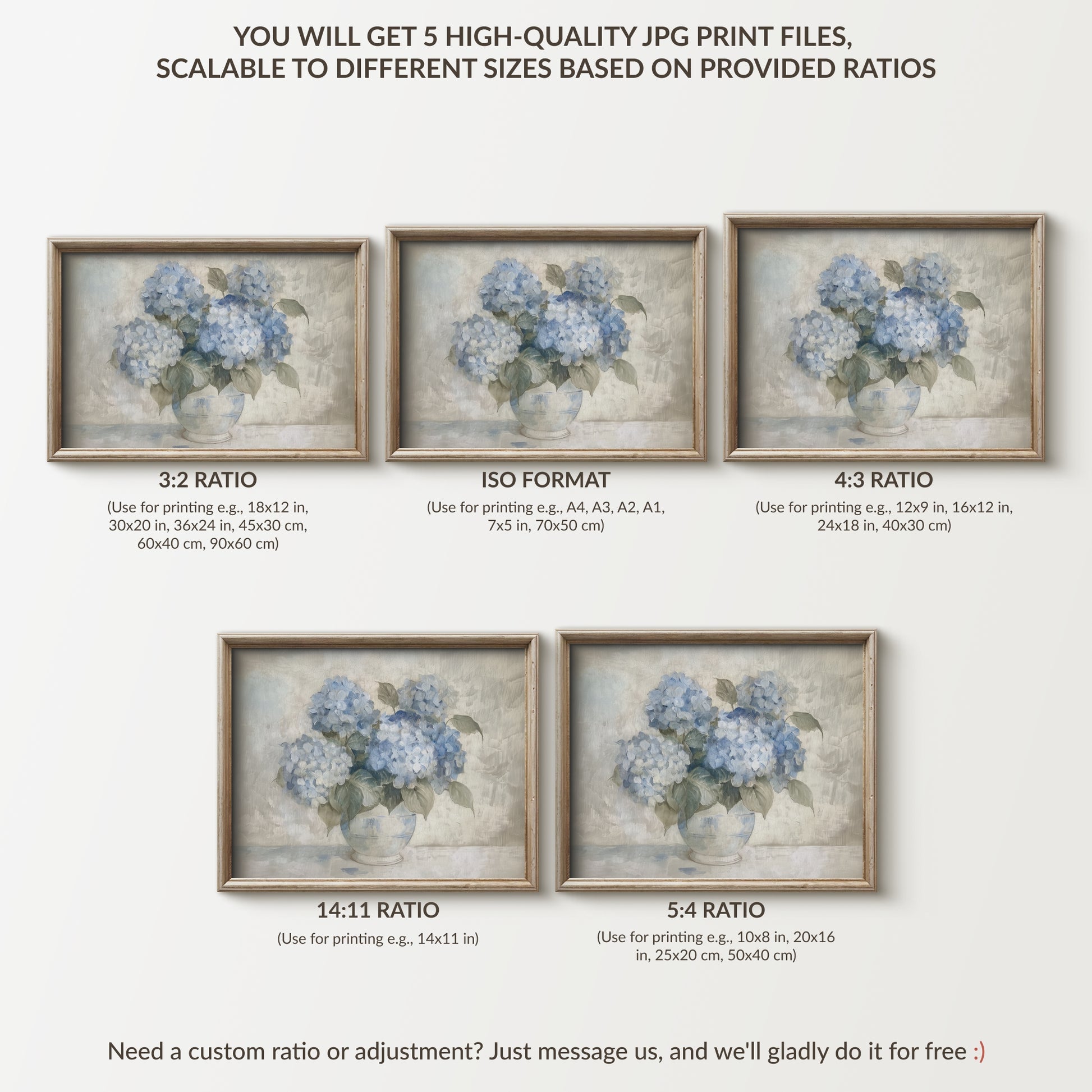 Framed floral prints with different aspect ratios on a white background