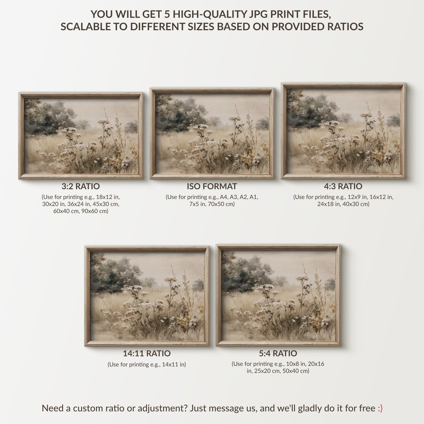Muted Summer Wildflower Landscape Printable Wall Art, Digital Download Painting