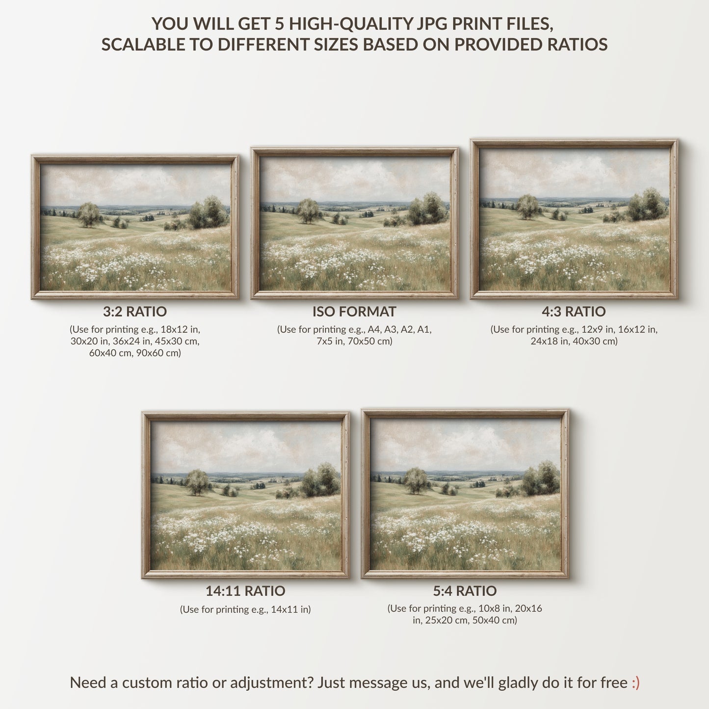 Vintage Wildflower Meadow Landscape, Muted Field Oil Painting Print (Digital Download Painting)