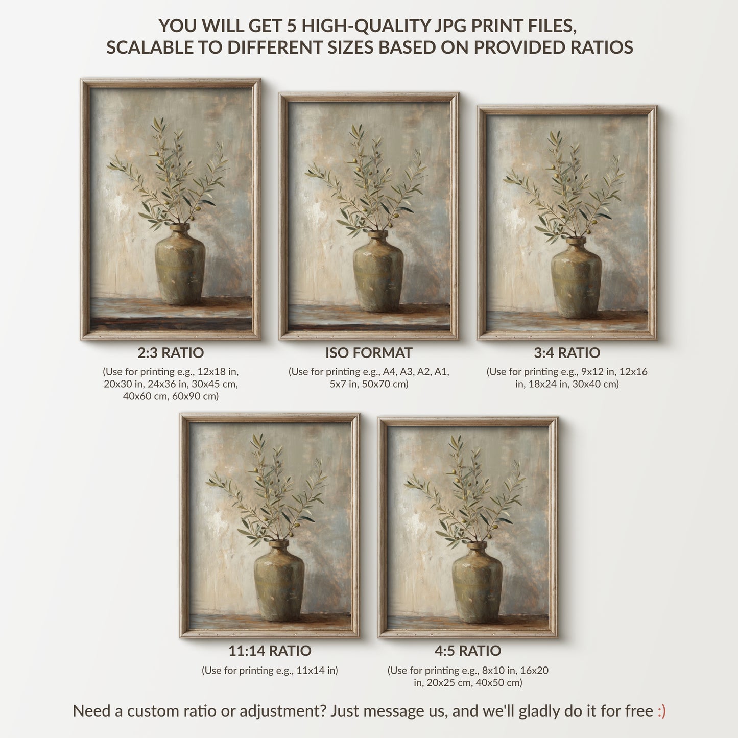 Set of five framed prints with a vase and plant arrangement, showing different aspect ratios.
