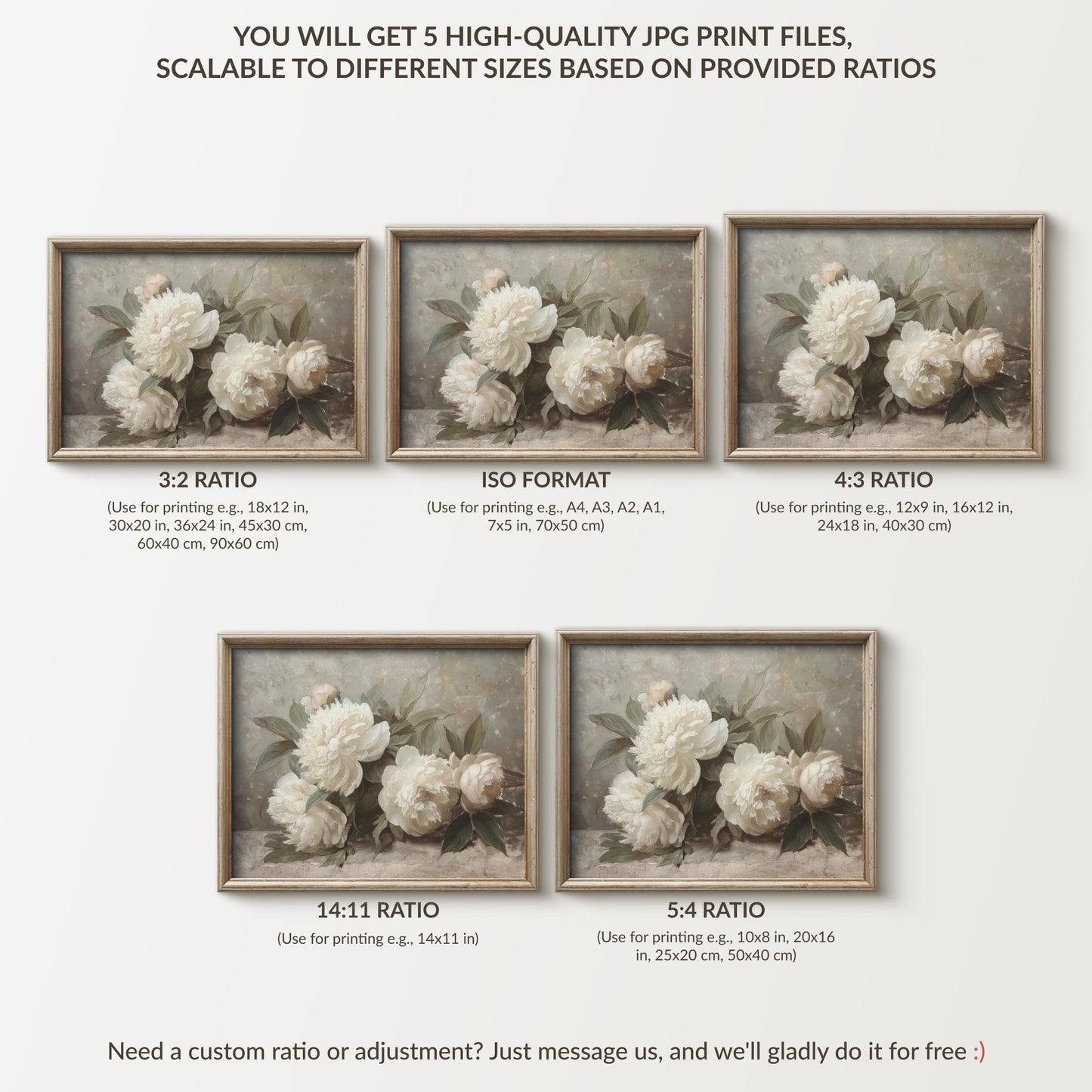 Set of five framed floral prints with different aspect ratios on a white background.