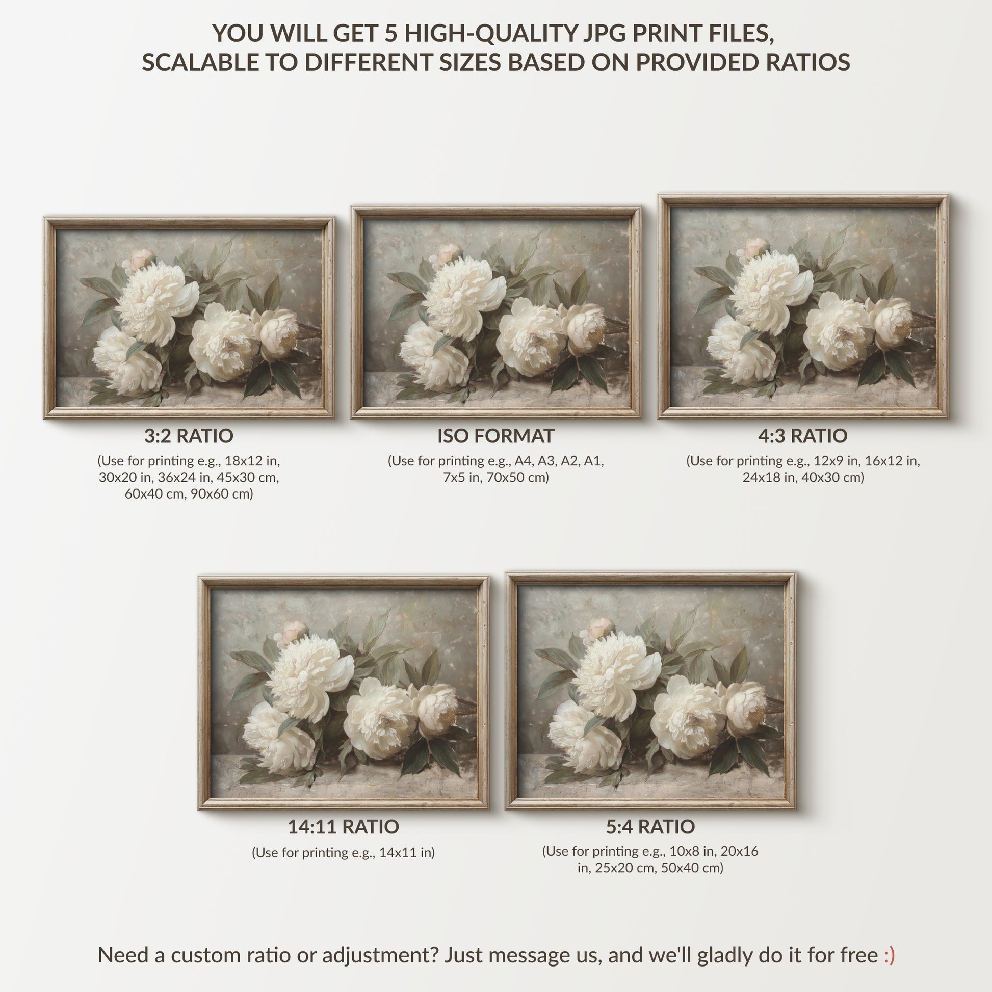Set of five framed floral prints with different aspect ratios on a white background.