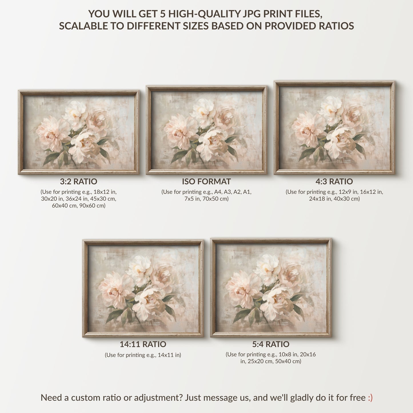 Set of five floral prints with different aspect ratios on a white background