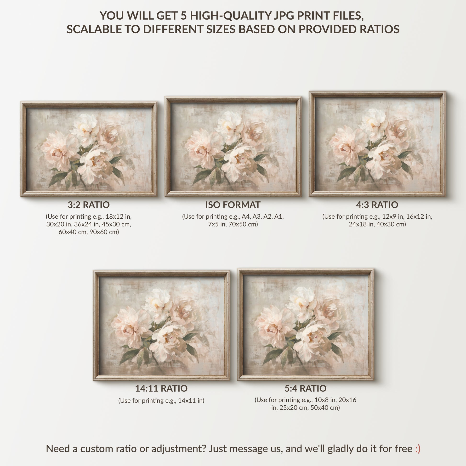 Set of five floral prints with different aspect ratios on a white background