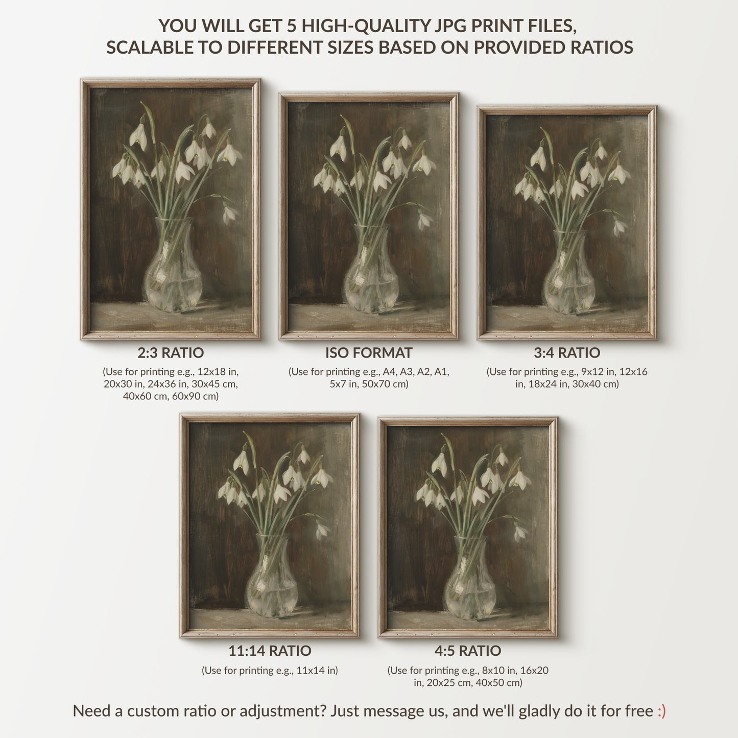 Set of five framed prints with a vase of flowers, showing different aspect ratios.