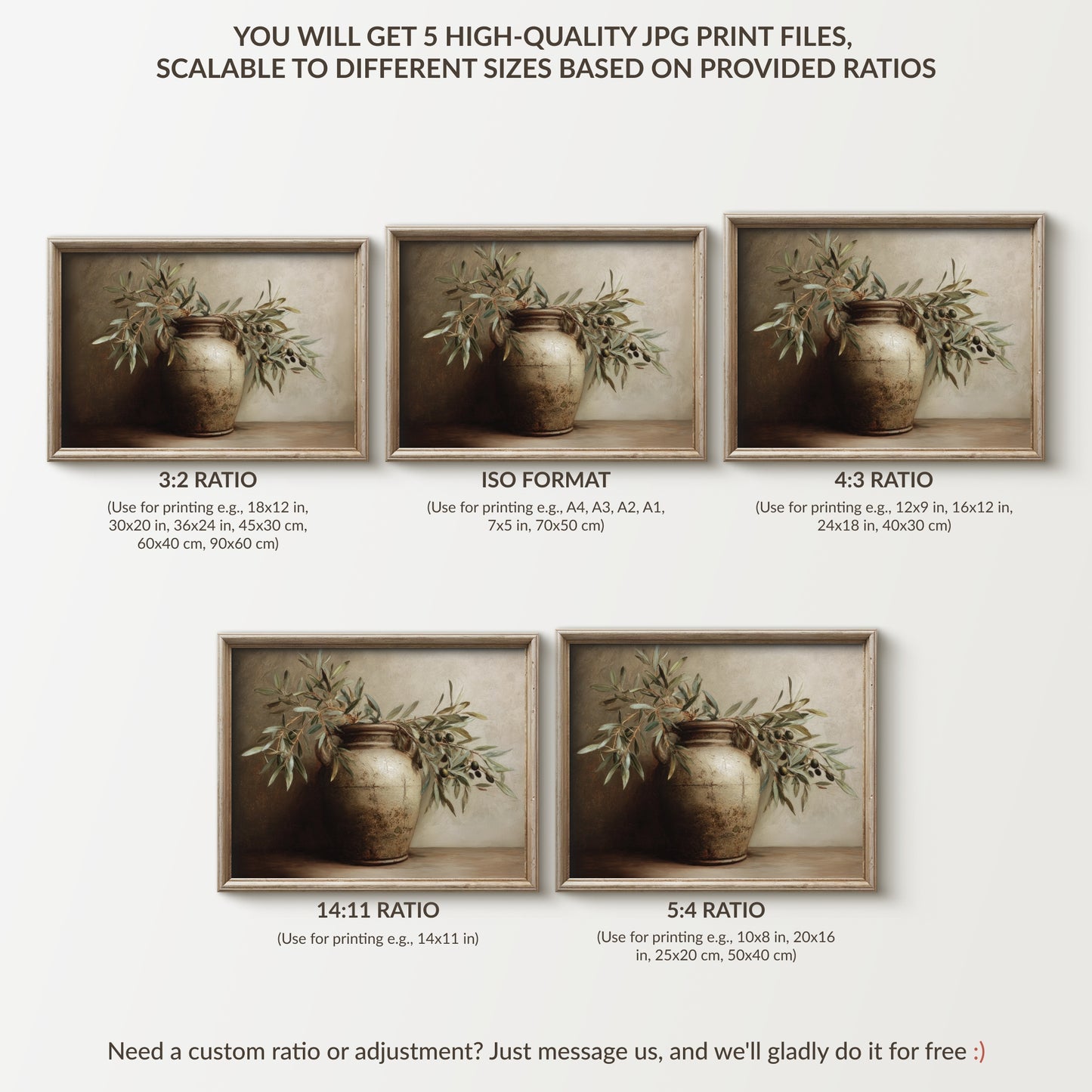 Framed botanical prints with different aspect ratios on a white background