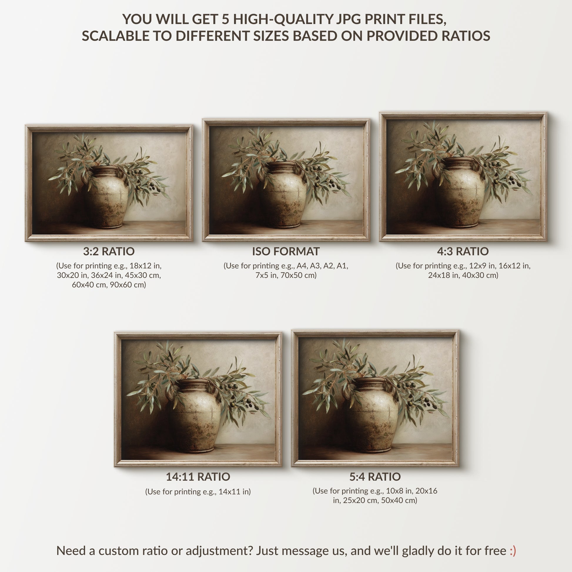 Framed botanical prints with different aspect ratios on a white background