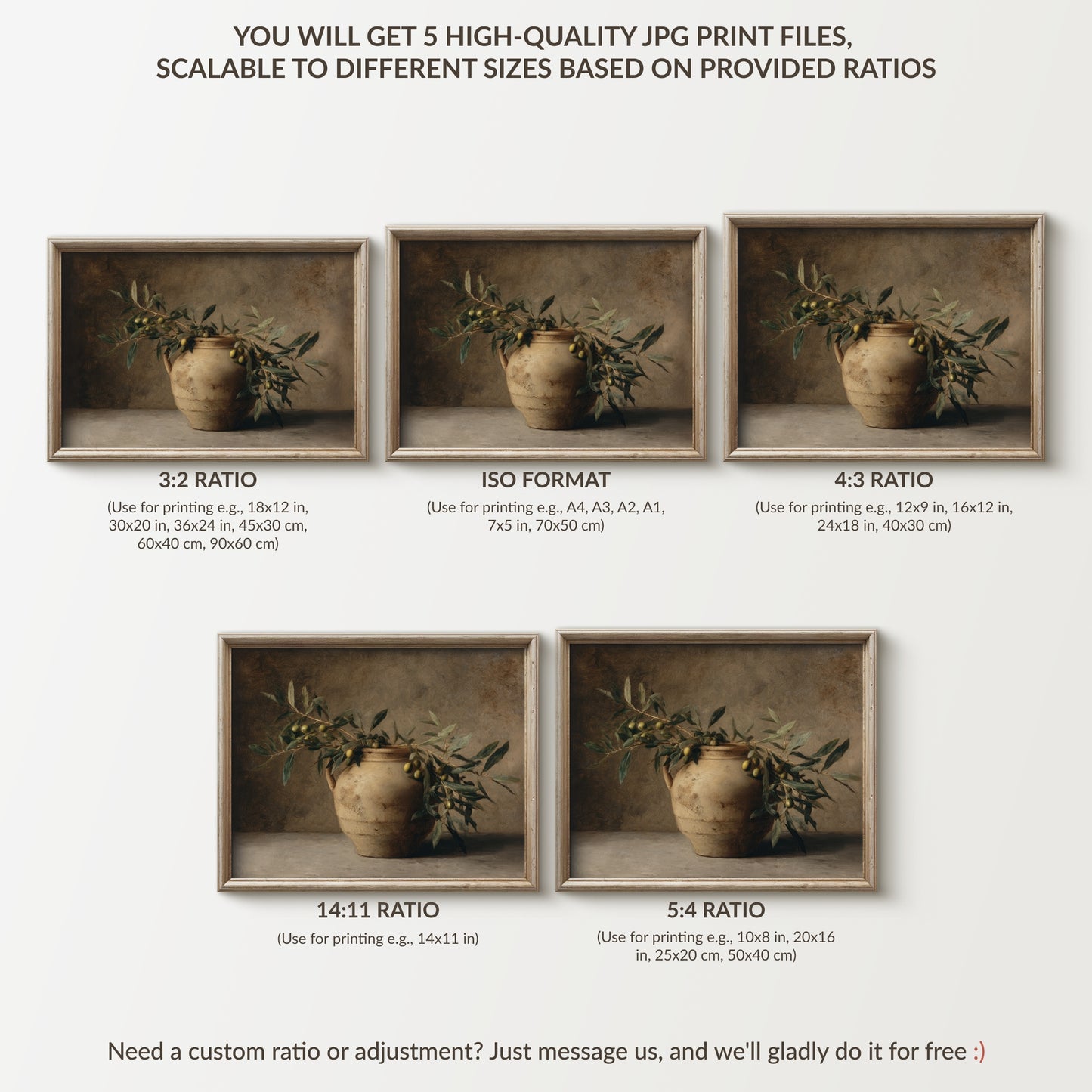 Set of five framed prints with a plant and pot, showing different aspect ratios.
