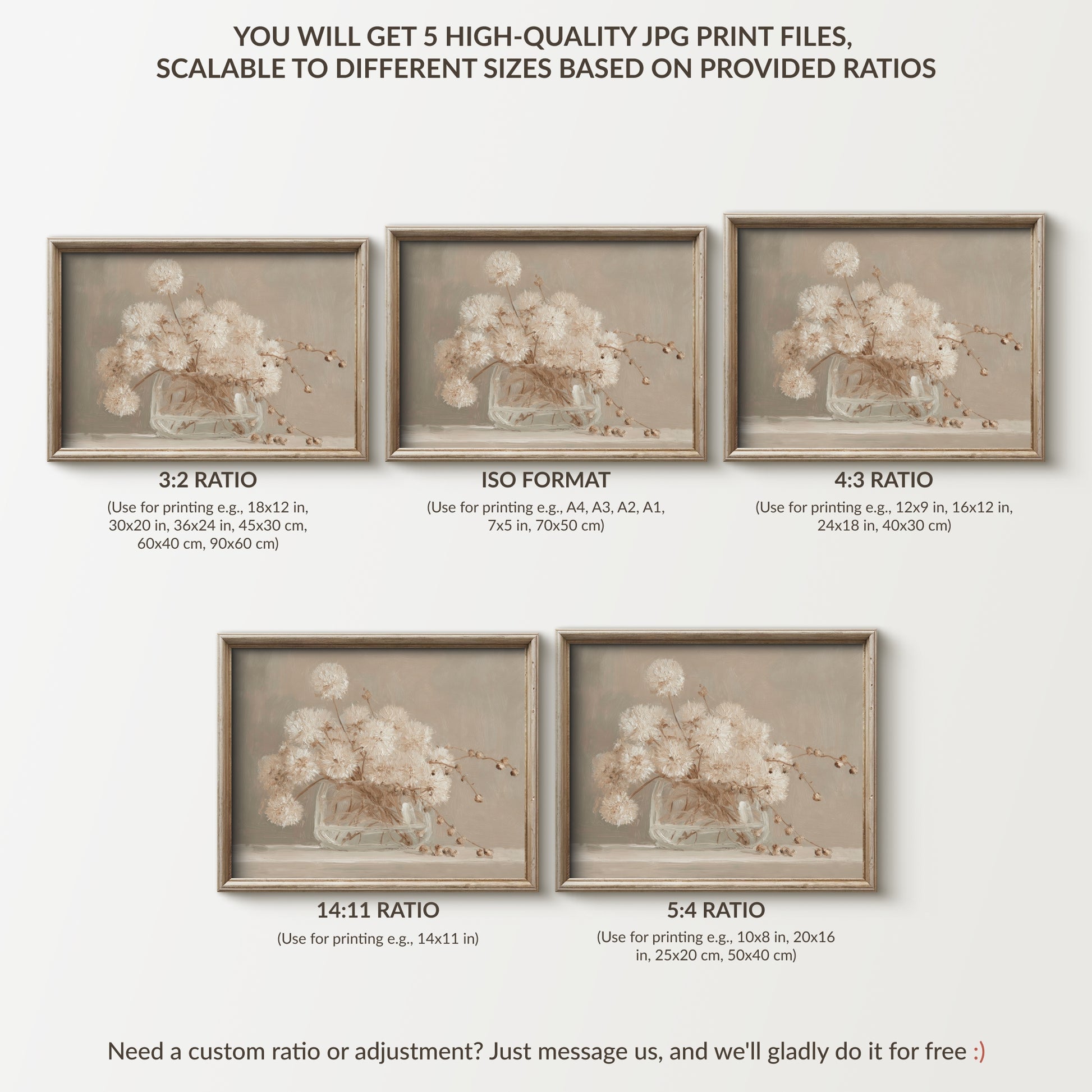 Set of six framed floral prints with different aspect ratios on a white background.