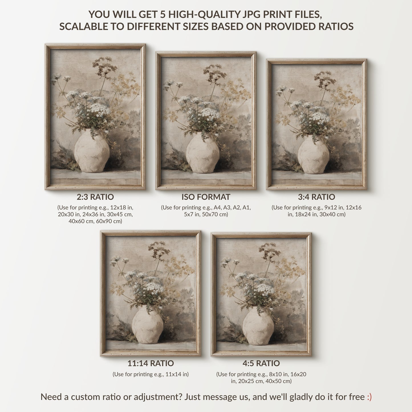 Set of five framed prints with floral arrangements and vases, scalable to different ratios.
