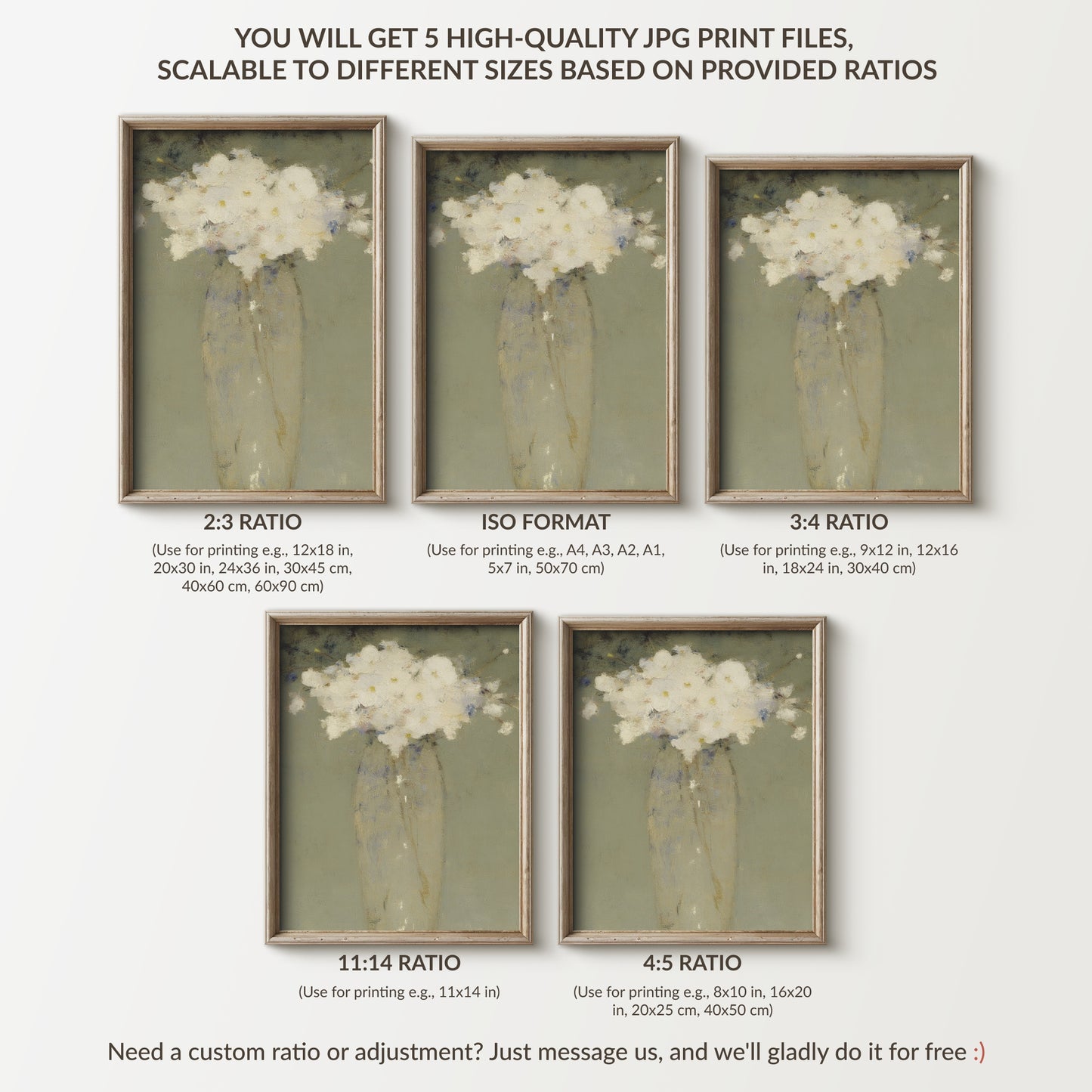 White Floral Still Life Art Print, Green Abstract Neutral Decor (Digital Download)