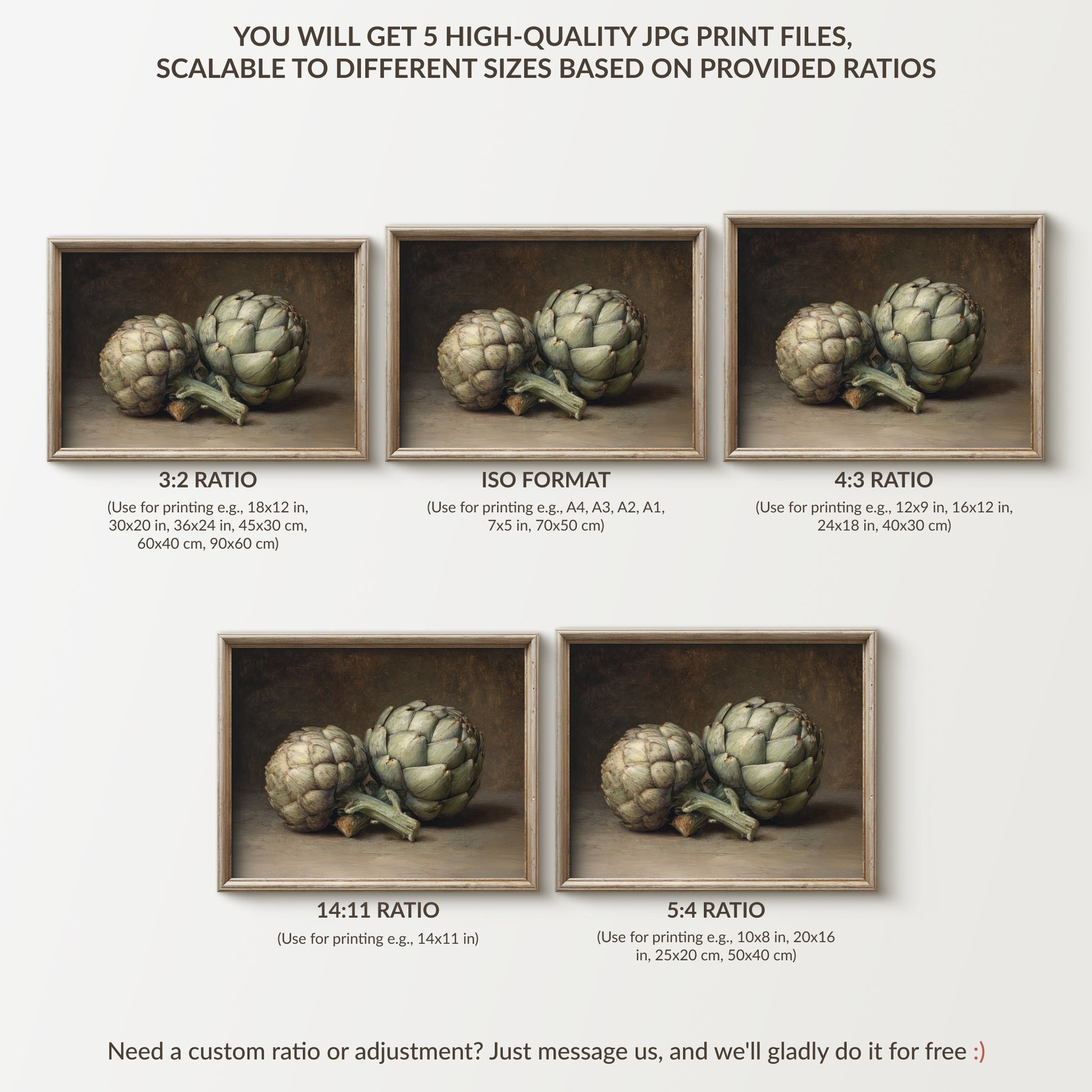 Framed artichokes with different aspect ratios on a white background
