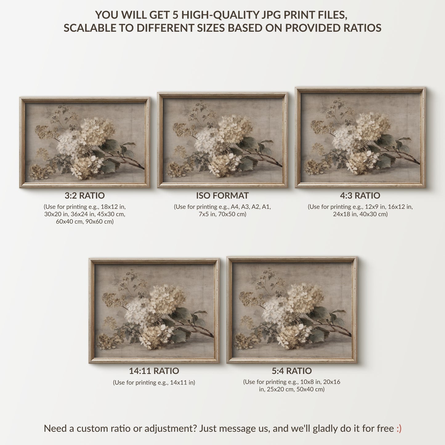 Framed floral prints with different aspect ratios on a white background